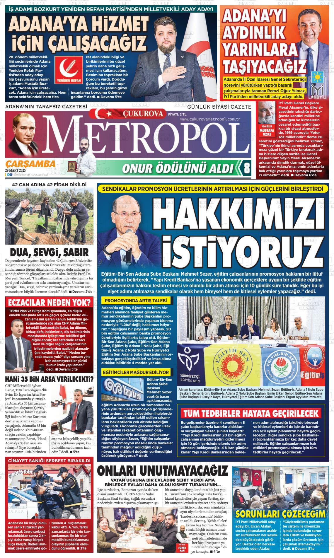 29 Mart 2023 Çukurova Metropol Gazete Manşeti