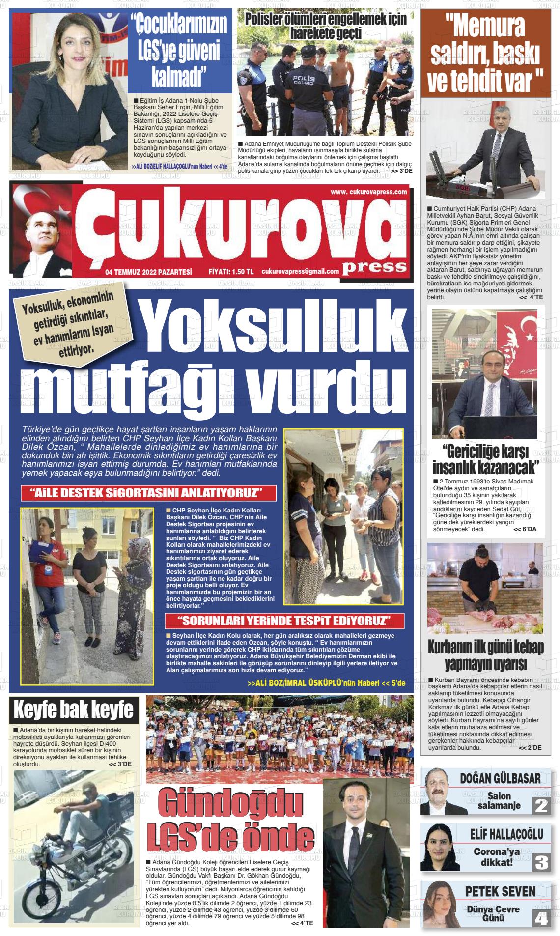 04 Temmuz 2022 Çukurova Press Gazete Manşeti