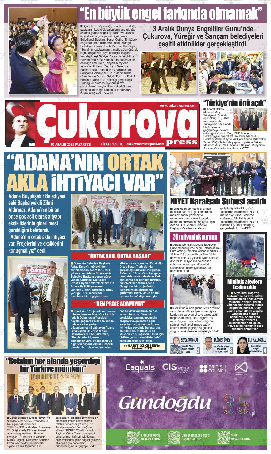05 Aralık 2022 Çukurova Press Gazete Manşeti