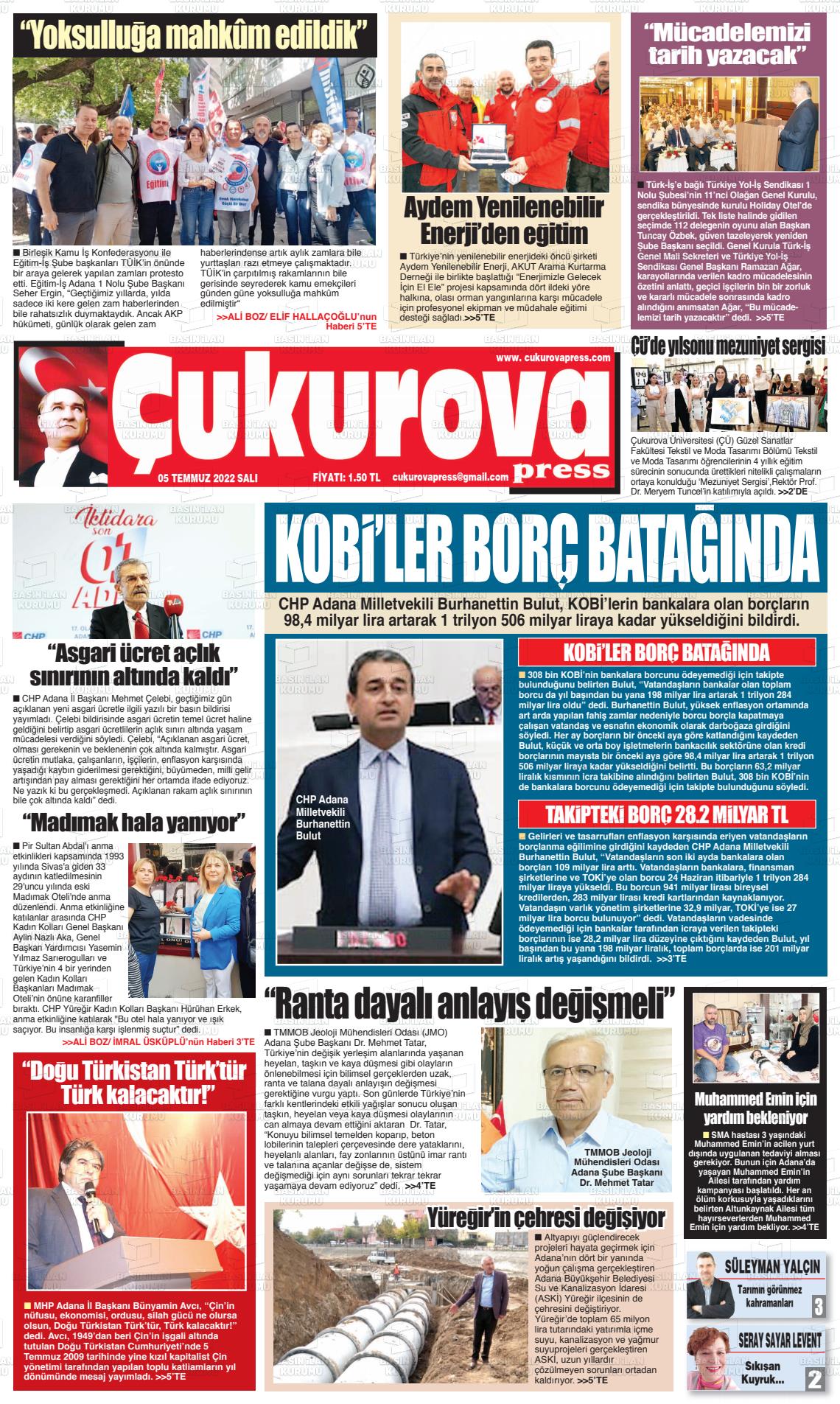 05 Temmuz 2022 Çukurova Press Gazete Manşeti