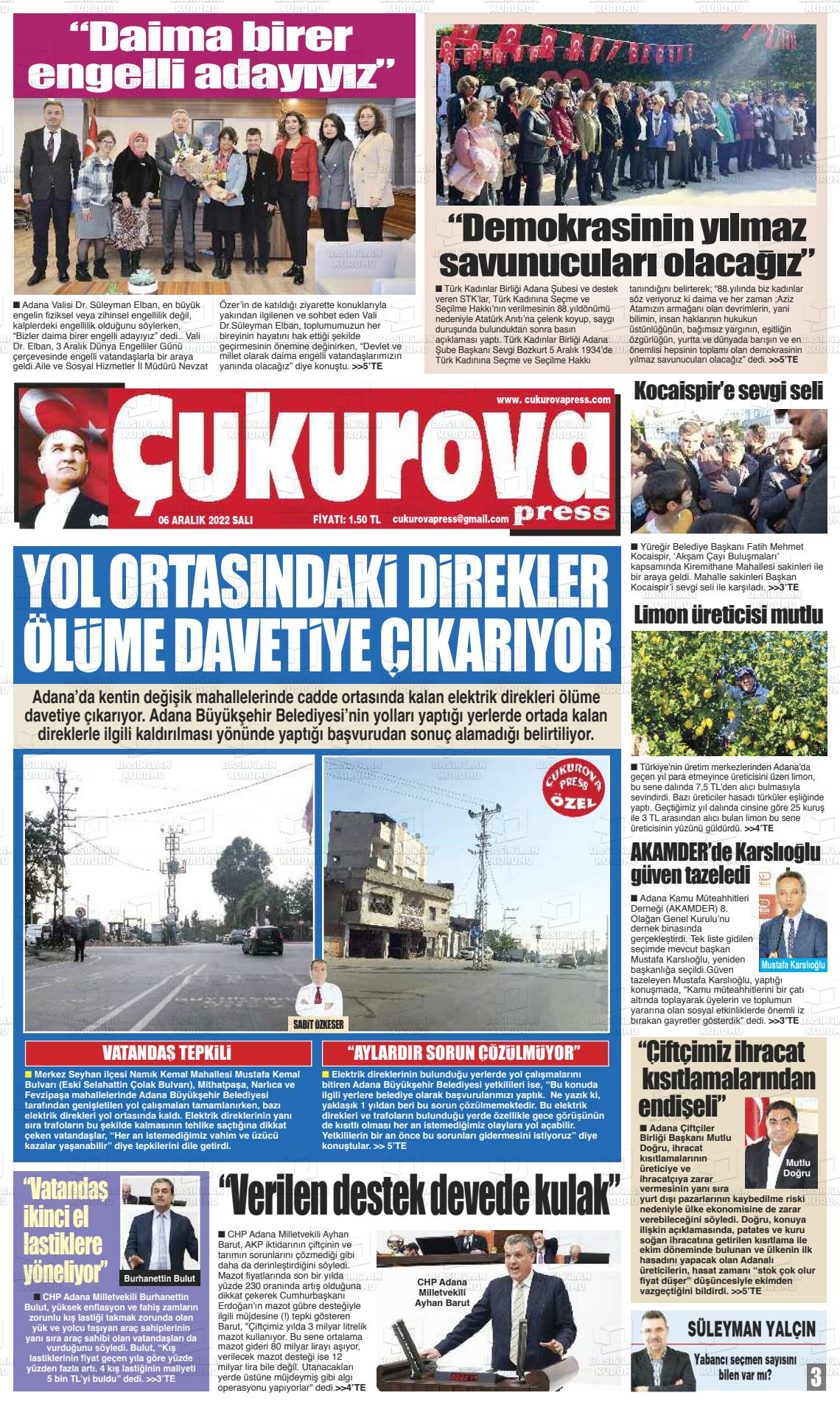 06 Aralık 2022 Çukurova Press Gazete Manşeti