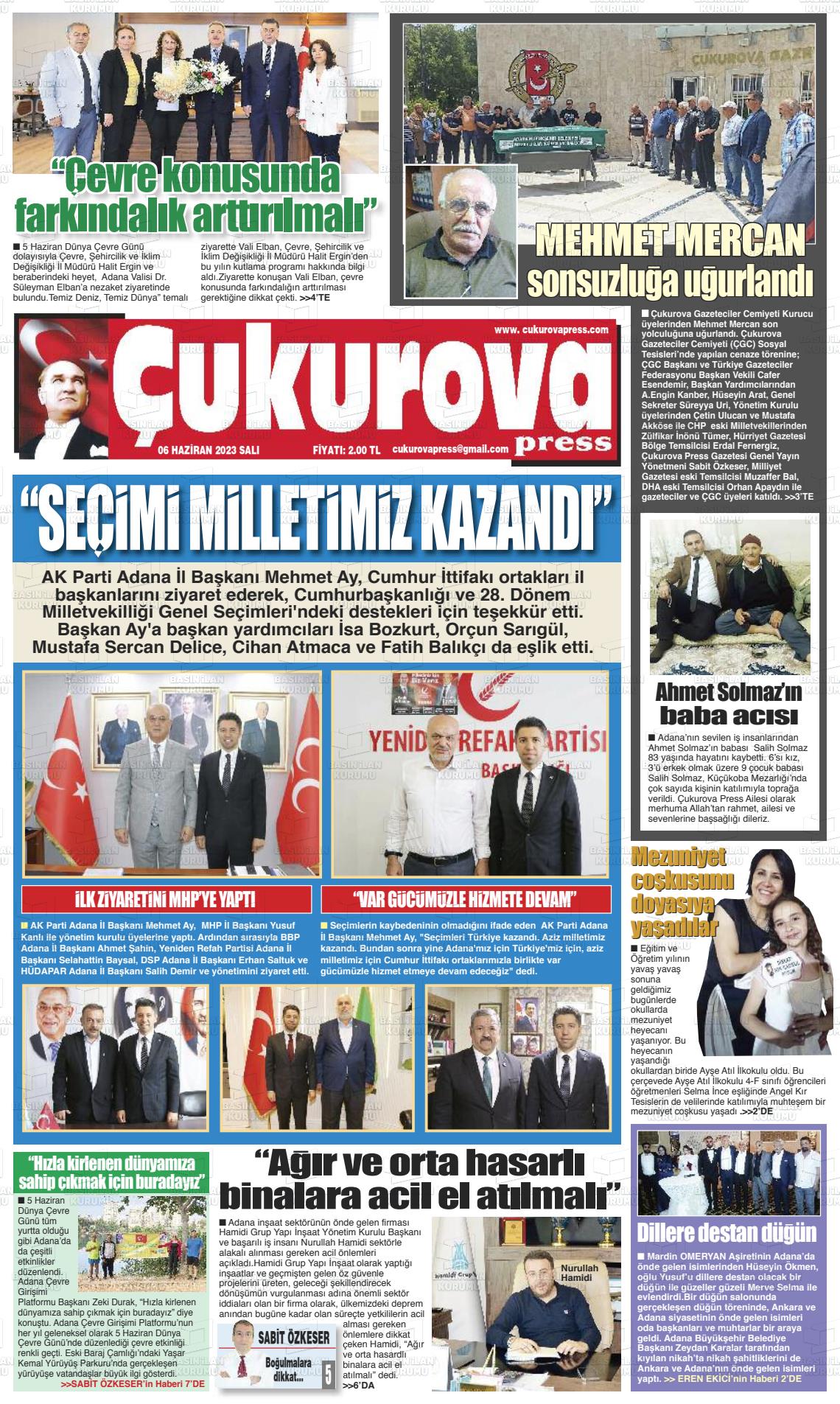 06 Haziran 2023 Çukurova Press Gazete Manşeti