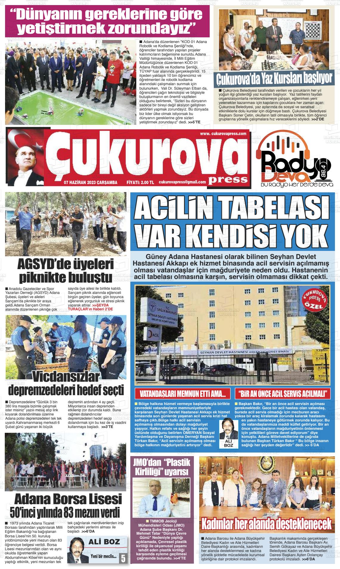 07 Haziran 2023 Çukurova Press Gazete Manşeti