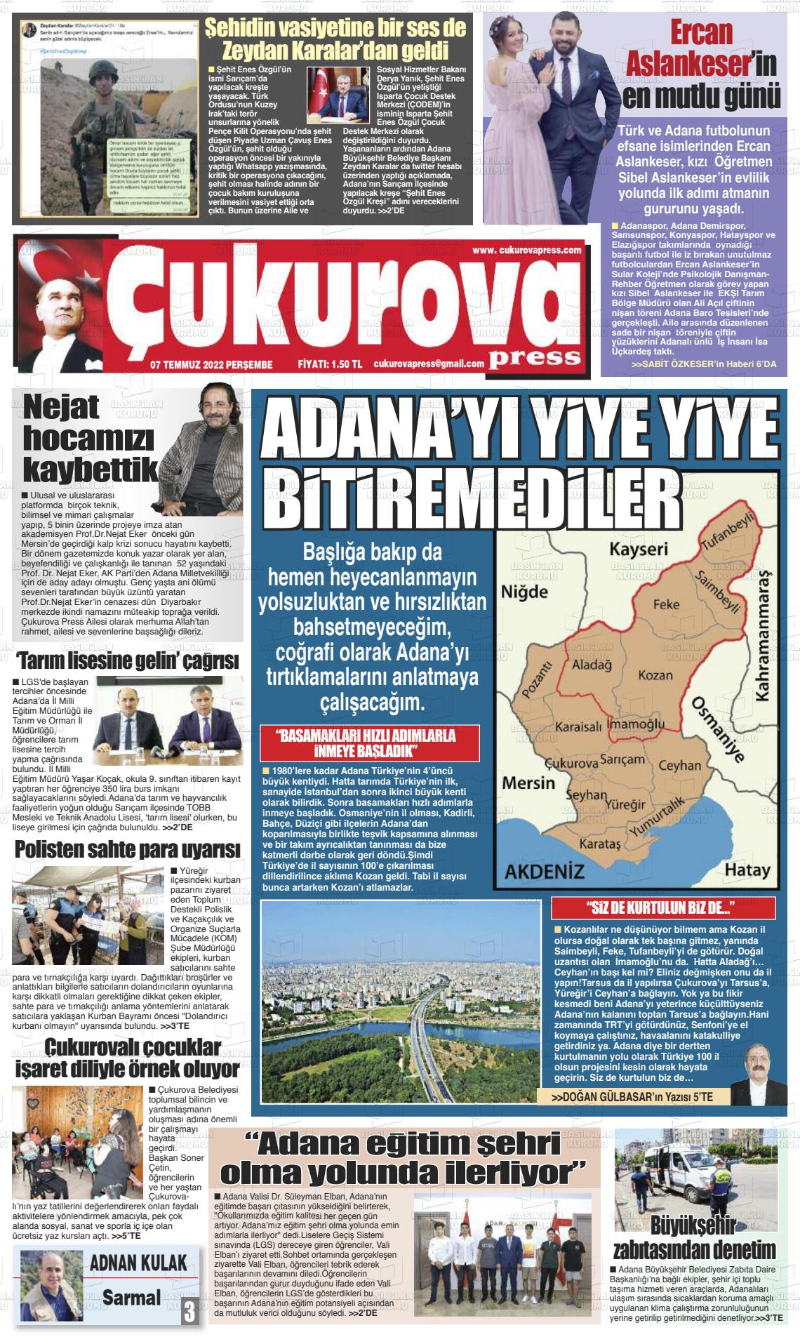 07 Temmuz 2022 Çukurova Press Gazete Manşeti
