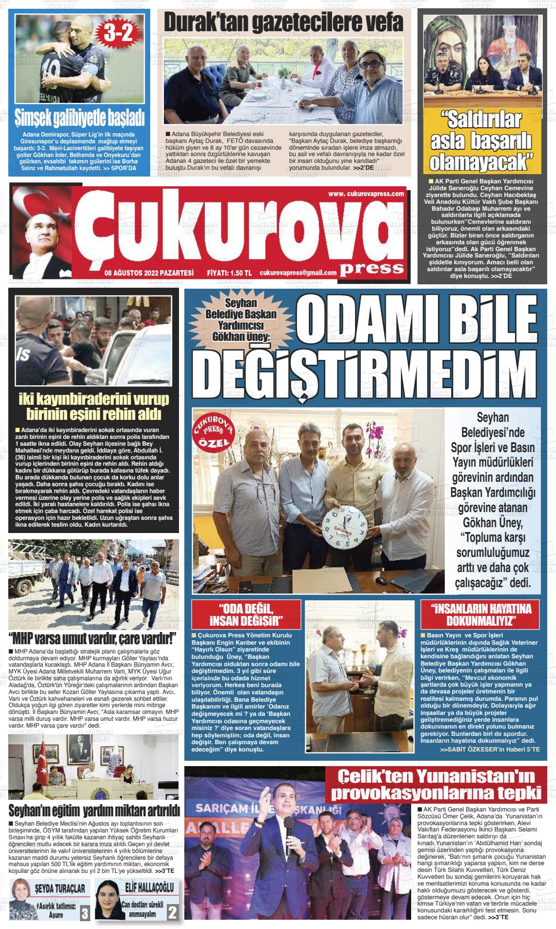 08 Ağustos 2022 Çukurova Press Gazete Manşeti