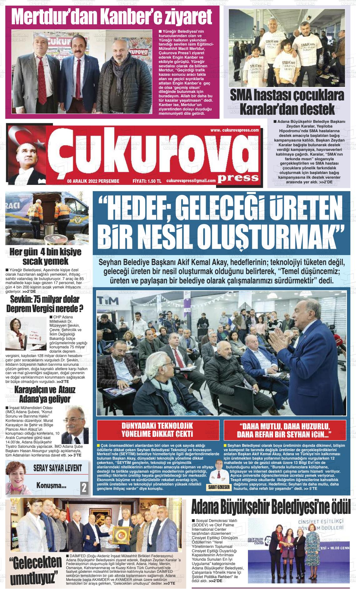 08 Aralık 2022 Çukurova Press Gazete Manşeti