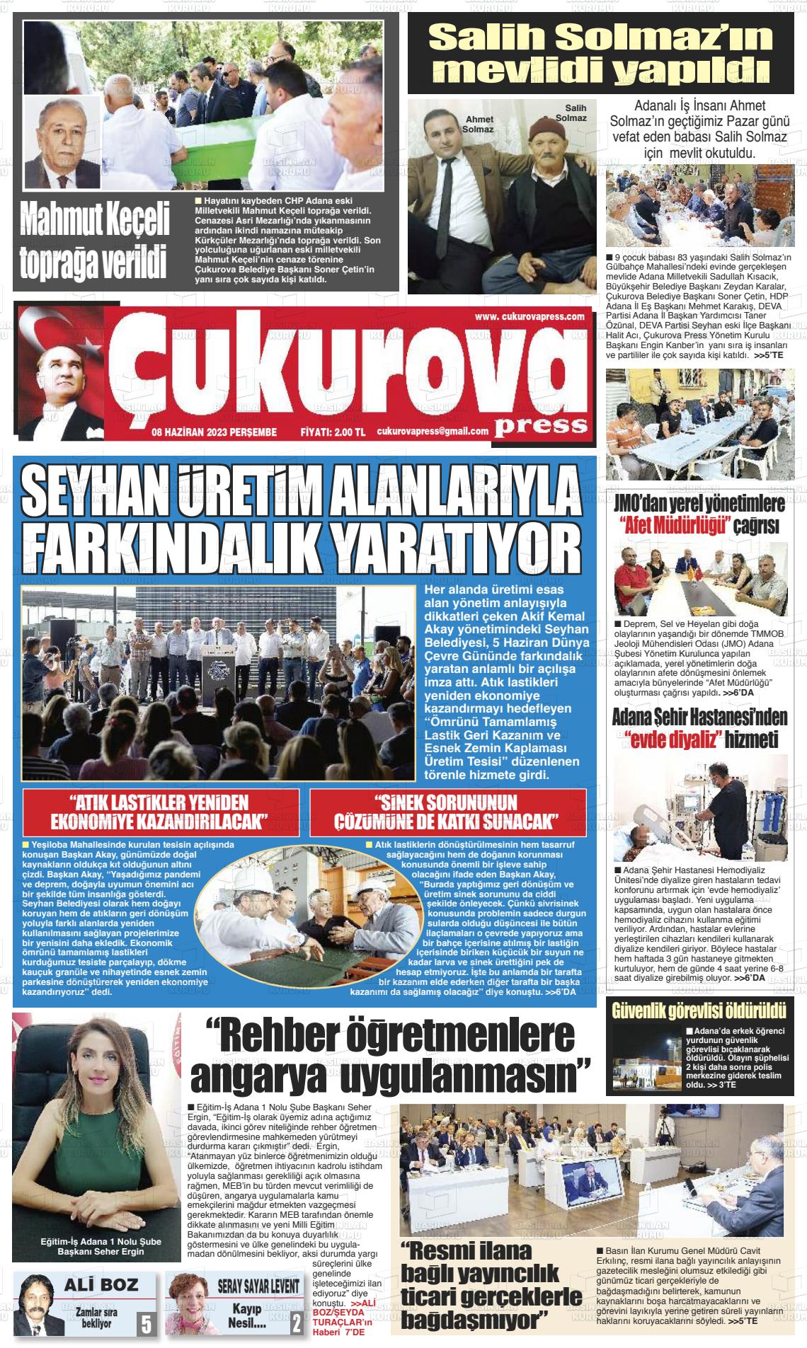 08 Haziran 2023 Çukurova Press Gazete Manşeti