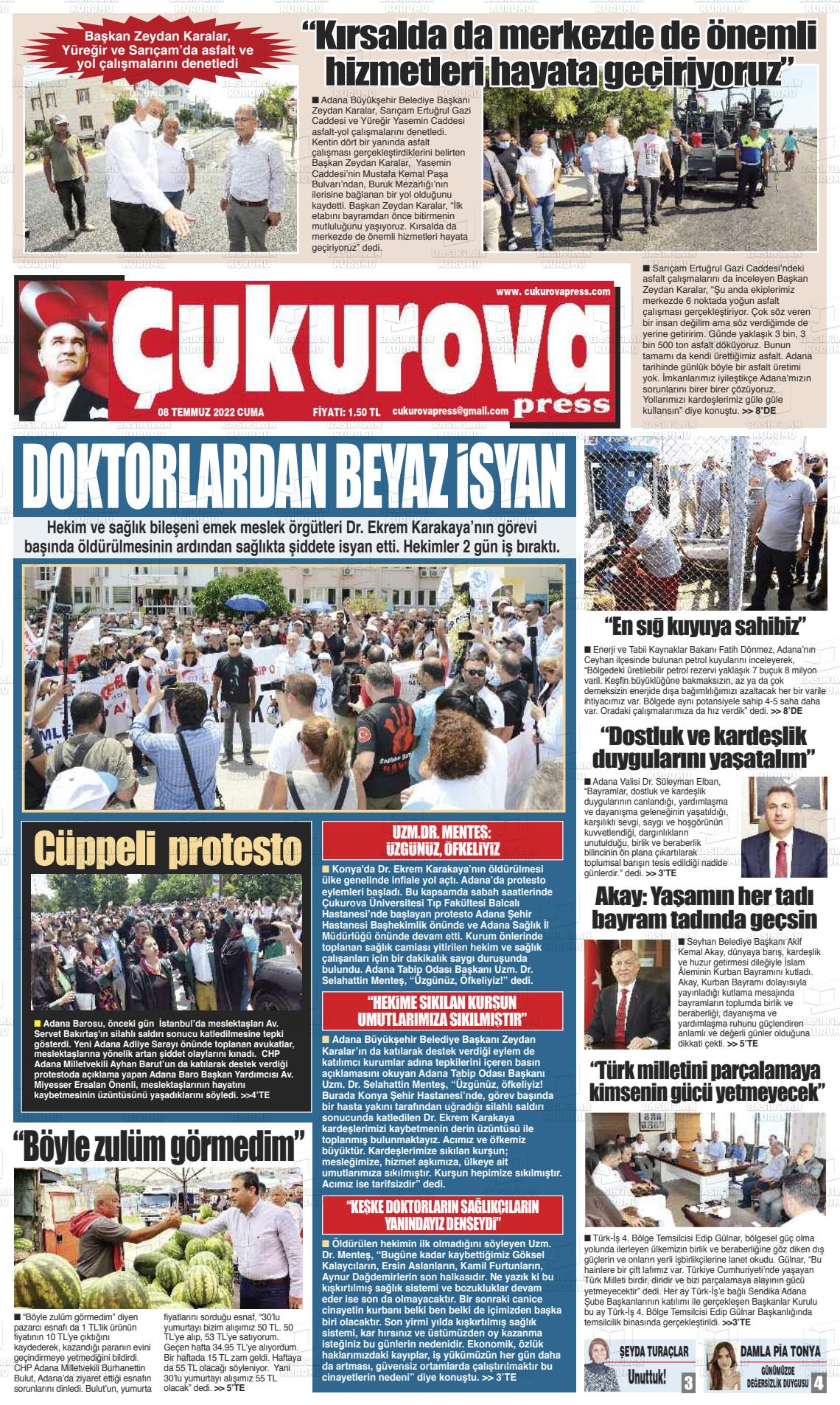 08 Temmuz 2022 Çukurova Press Gazete Manşeti