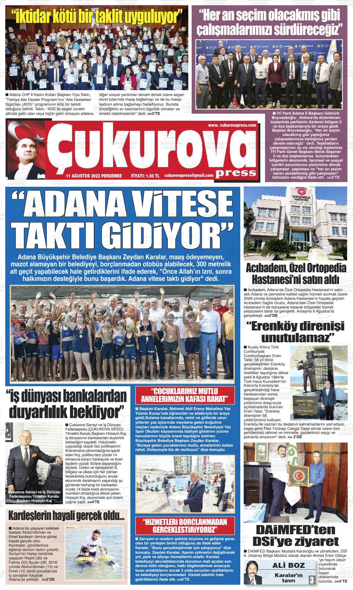 11 Ağustos 2022 Çukurova Press Gazete Manşeti