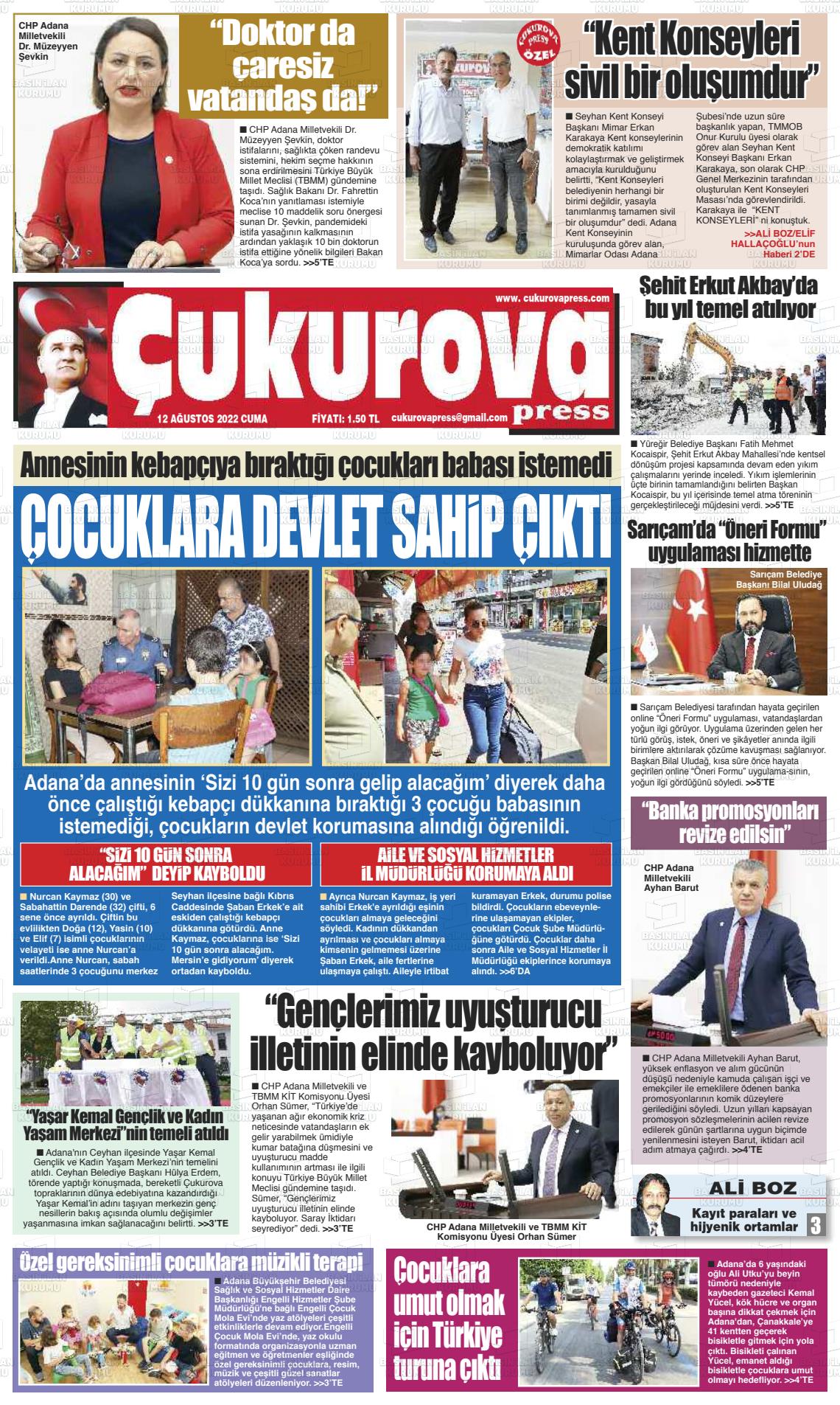 12 Ağustos 2022 Çukurova Press Gazete Manşeti
