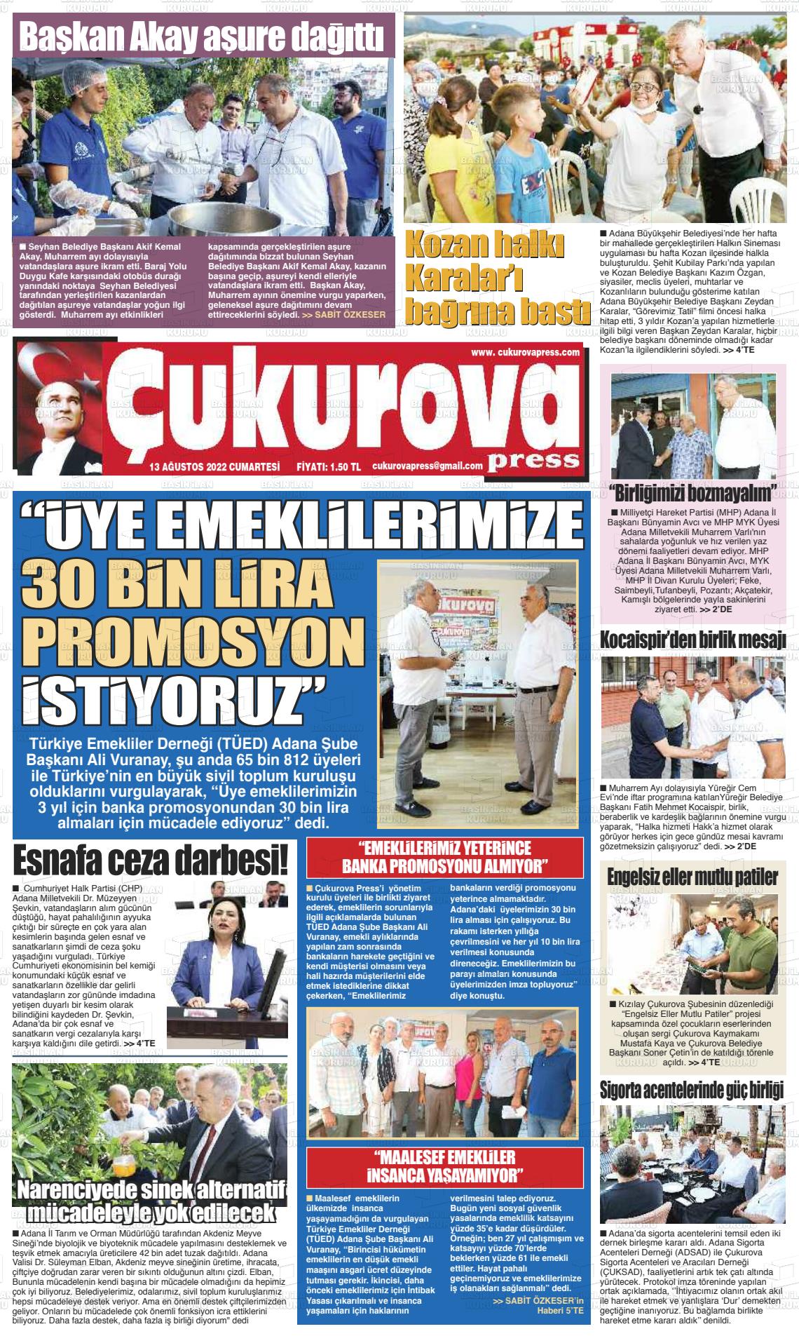 13 Ağustos 2022 Çukurova Press Gazete Manşeti