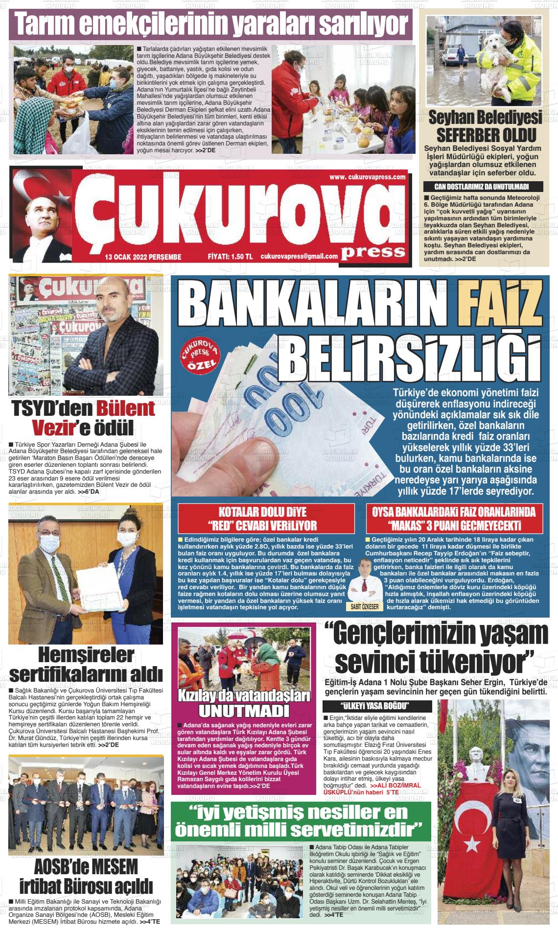 13 Ocak 2022 Çukurova Press Gazete Manşeti
