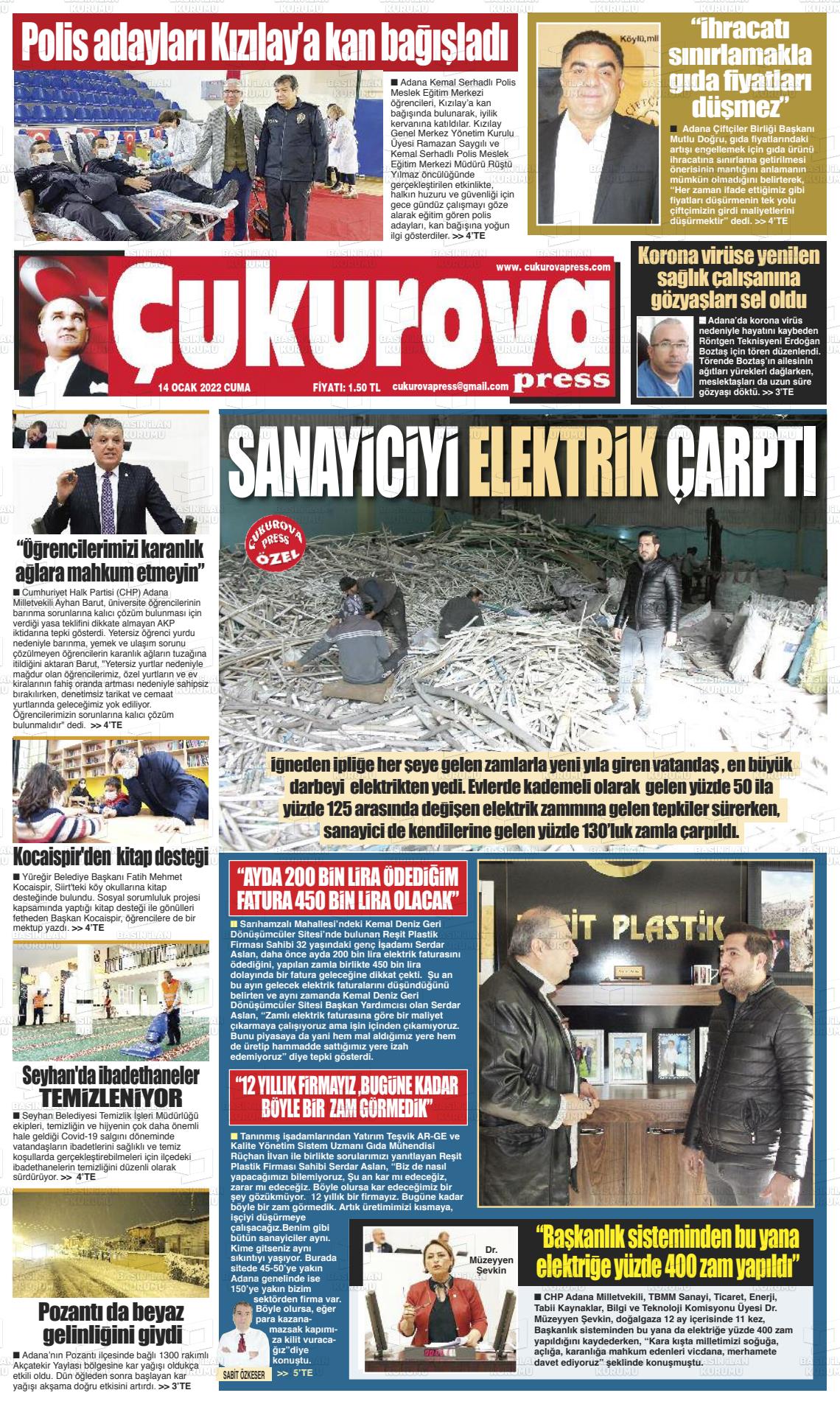 14 Ocak 2022 Çukurova Press Gazete Manşeti