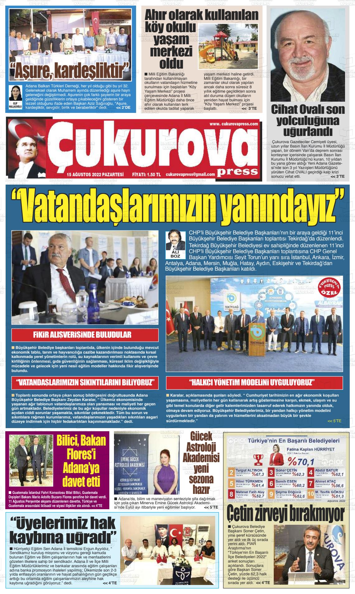 15 Ağustos 2022 Çukurova Press Gazete Manşeti