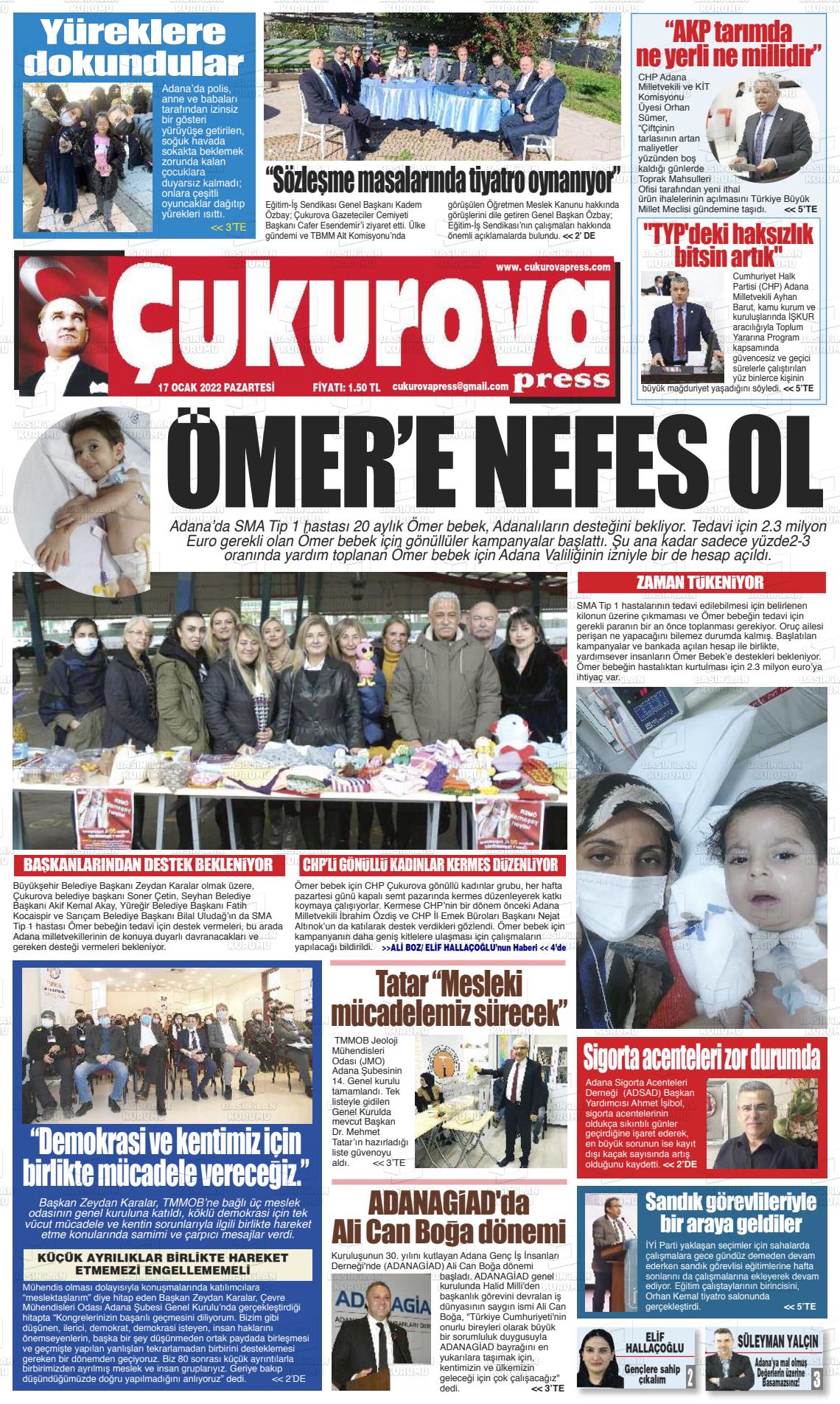 17 Ocak 2022 Çukurova Press Gazete Manşeti