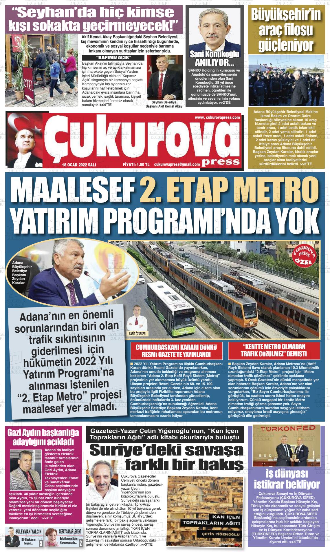 18 Ocak 2022 Çukurova Press Gazete Manşeti