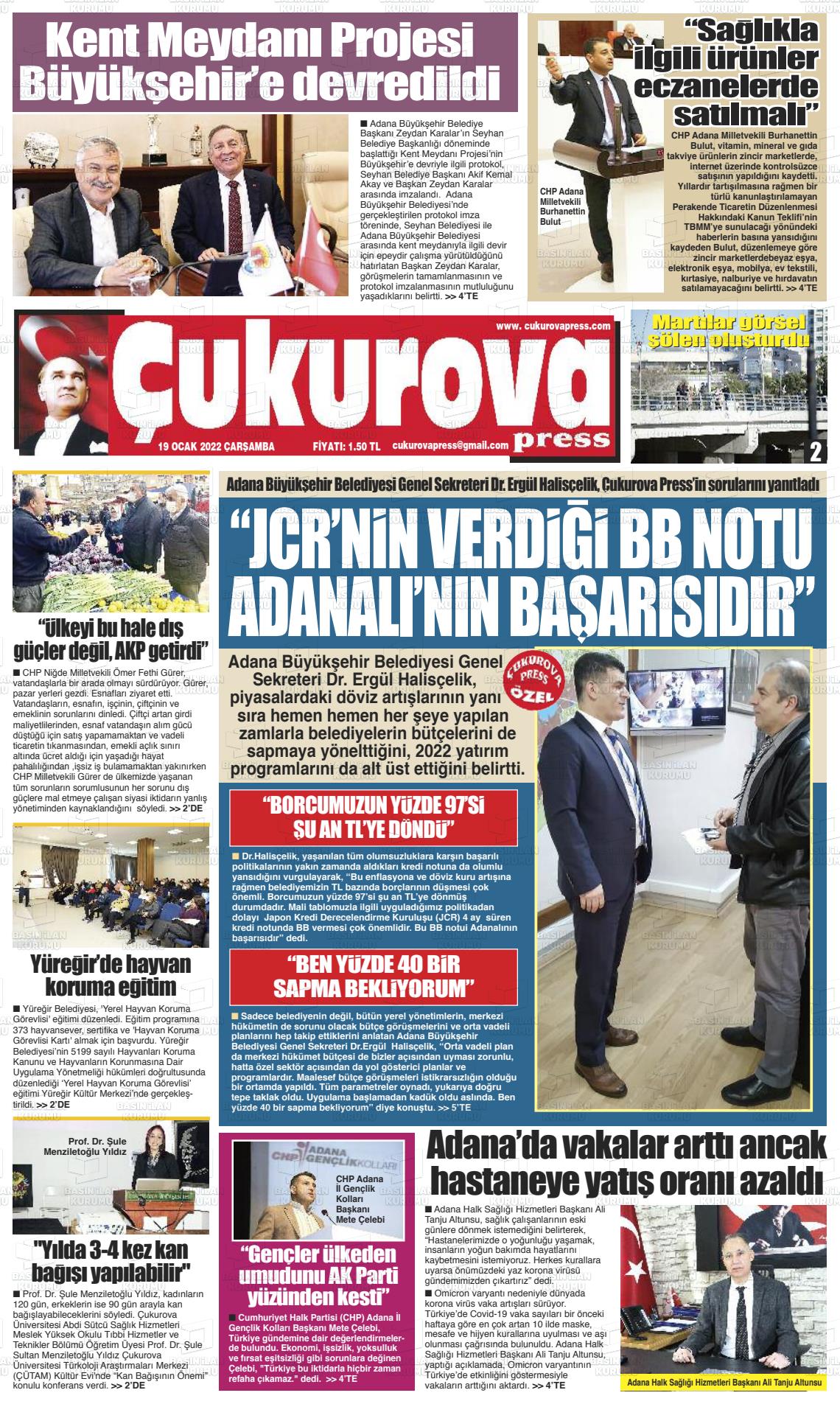 19 Ocak 2022 Çukurova Press Gazete Manşeti