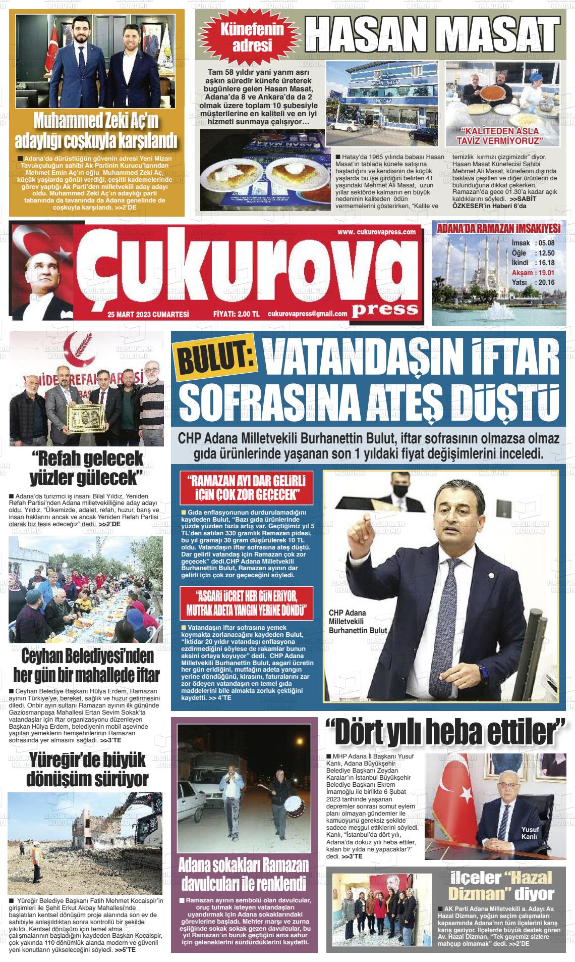 25 Mart 2023 Çukurova Press Gazete Manşeti