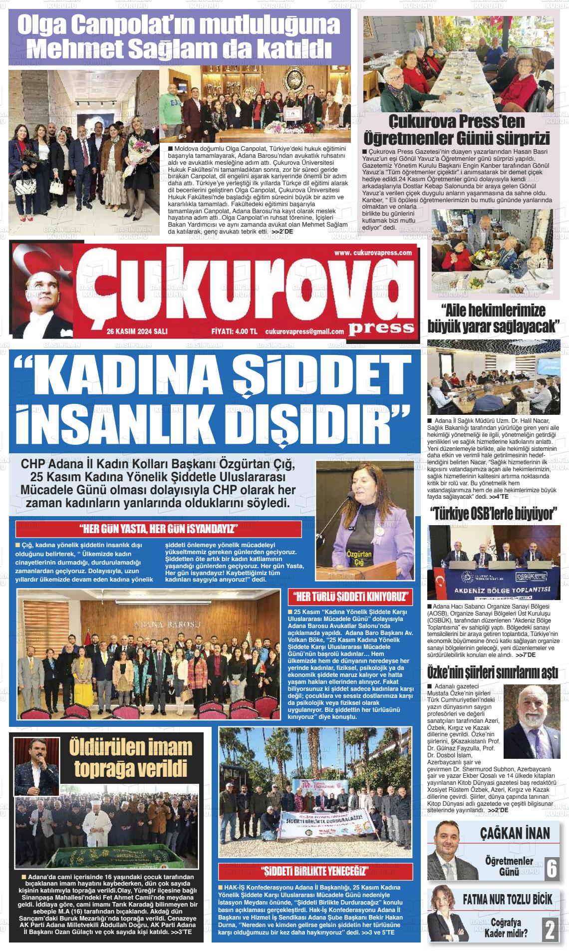 26 Kasım 2024 Çukurova Press Gazete Manşeti