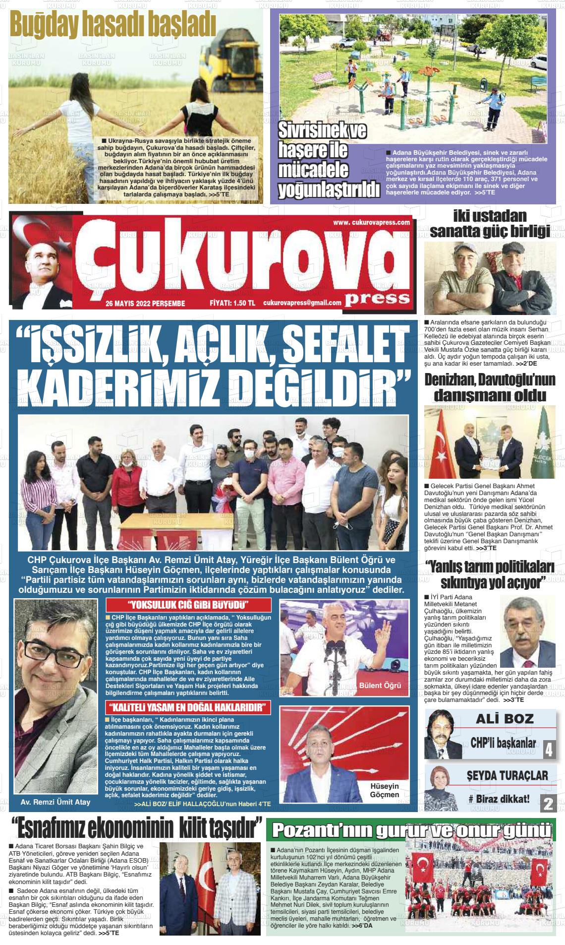 26 Mayıs 2022 Çukurova Press Gazete Manşeti