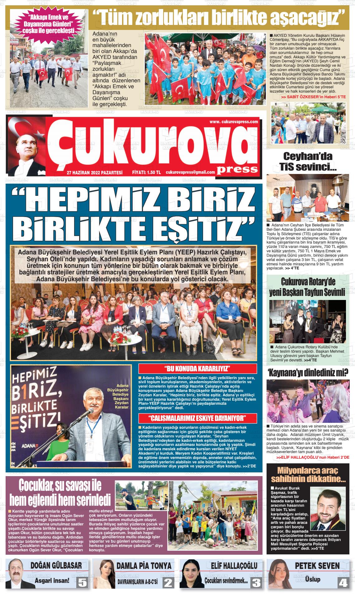 27 Haziran 2022 Çukurova Press Gazete Manşeti