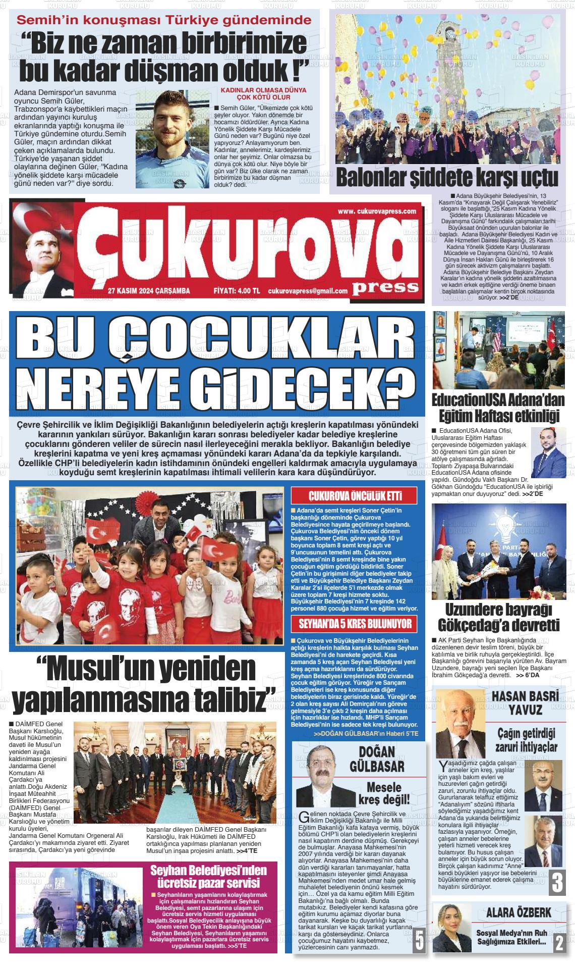 27 Kasım 2024 Çukurova Press Gazete Manşeti