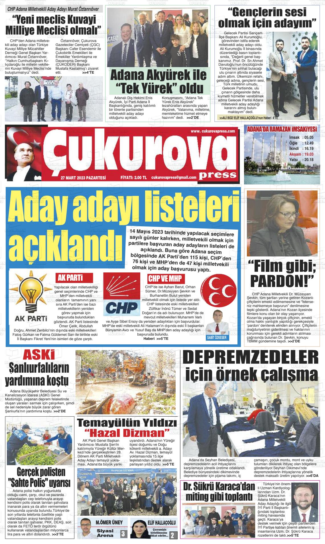 27 Mart 2023 Çukurova Press Gazete Manşeti