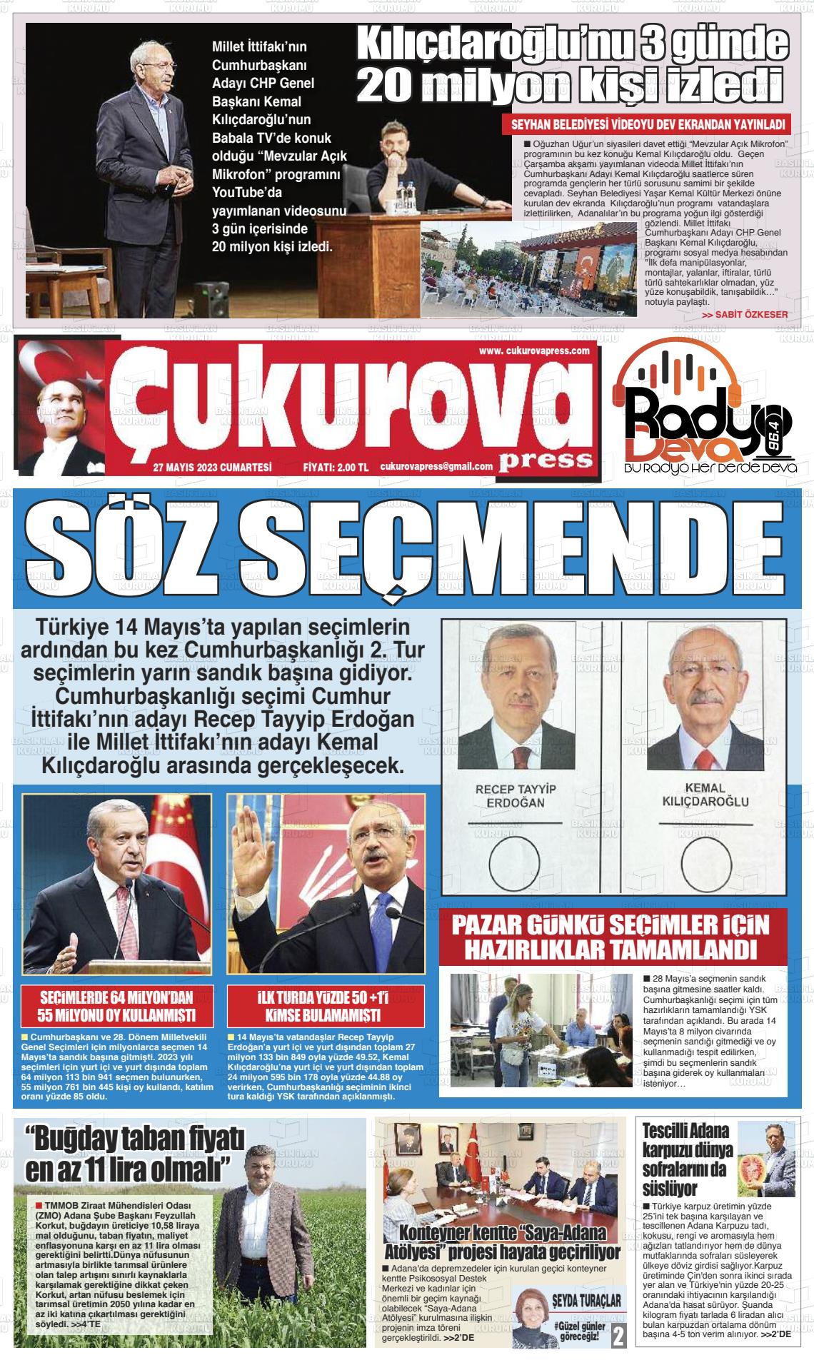 27 Mayıs 2023 Çukurova Press Gazete Manşeti