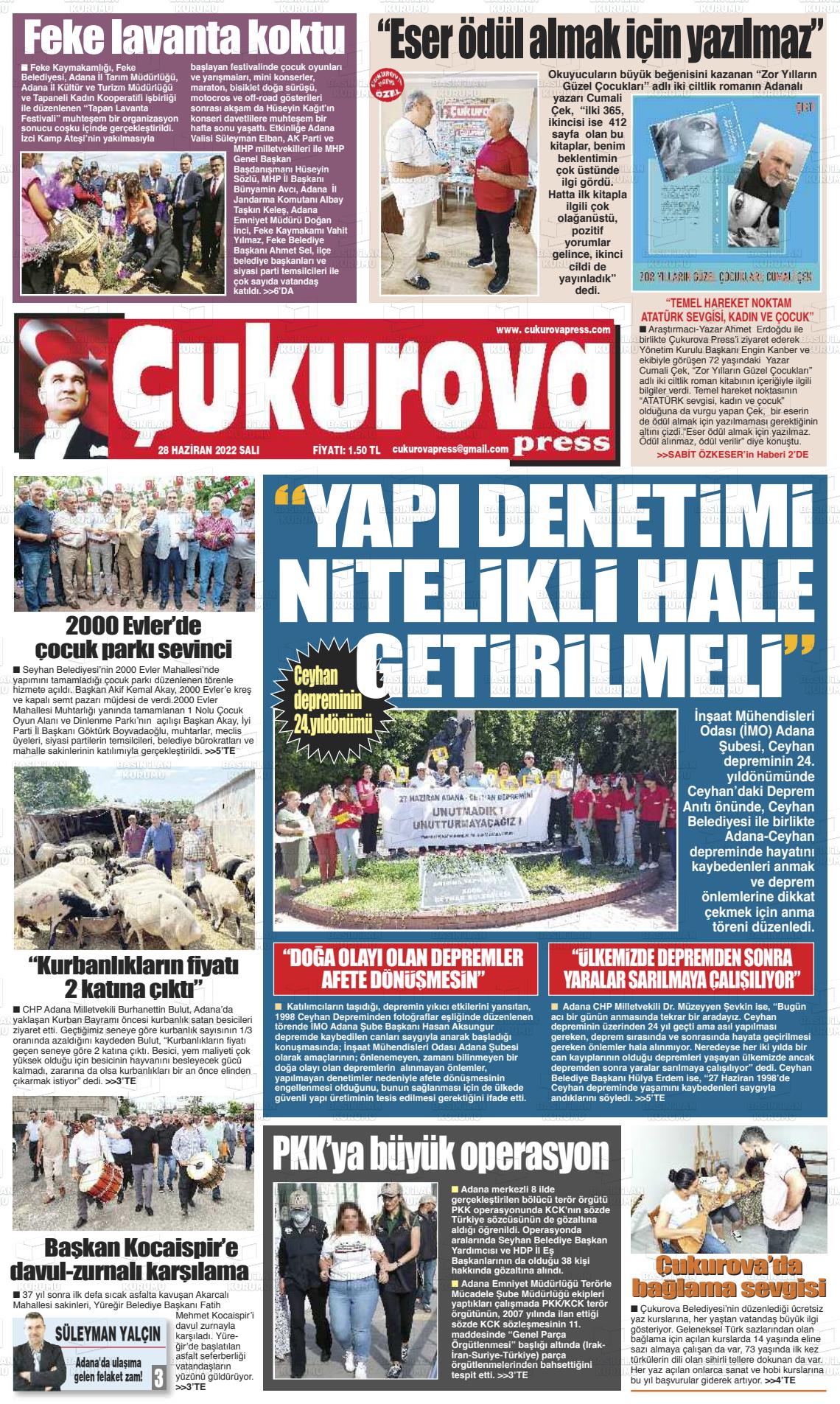 28 Haziran 2022 Çukurova Press Gazete Manşeti