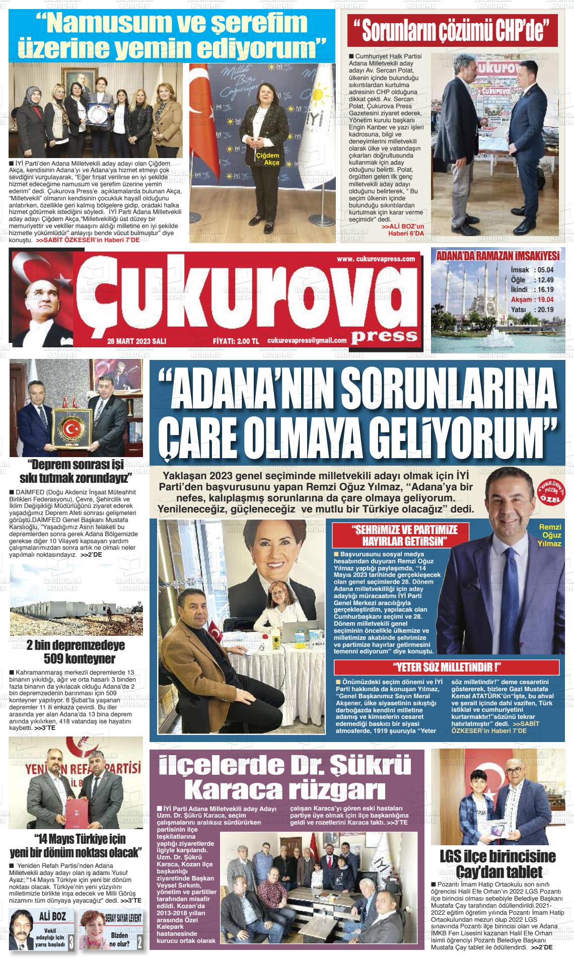 28 Mart 2023 Çukurova Press Gazete Manşeti