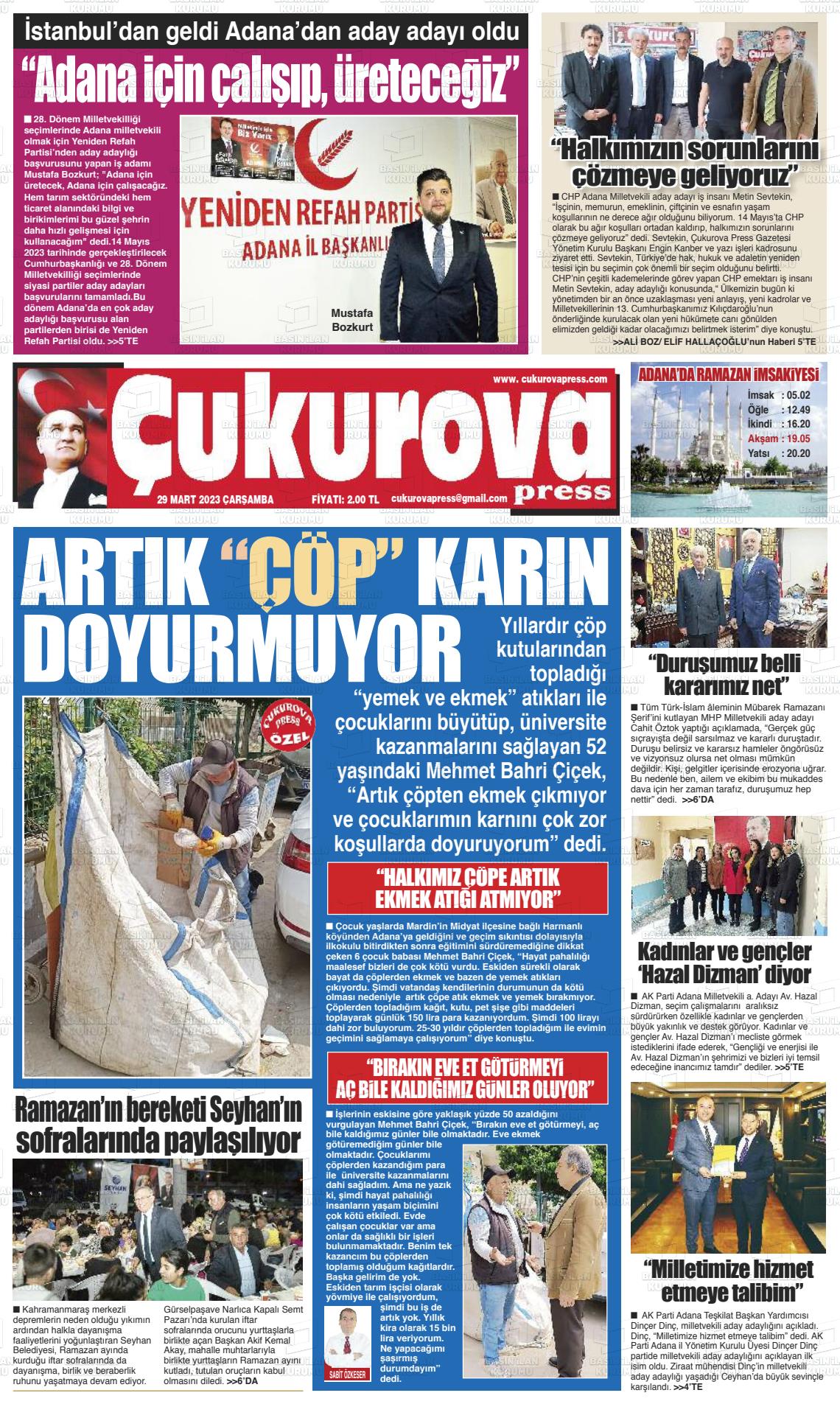 29 Mart 2023 Çukurova Press Gazete Manşeti
