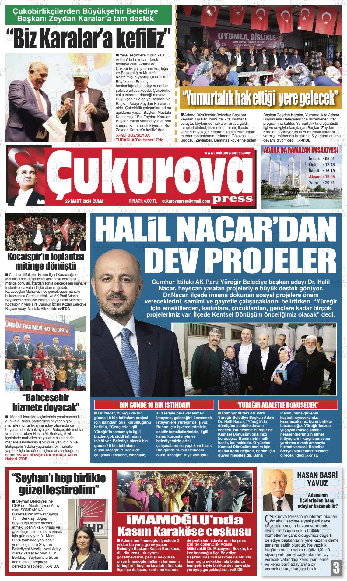 29 Mart 2024 Çukurova Press Gazete Manşeti