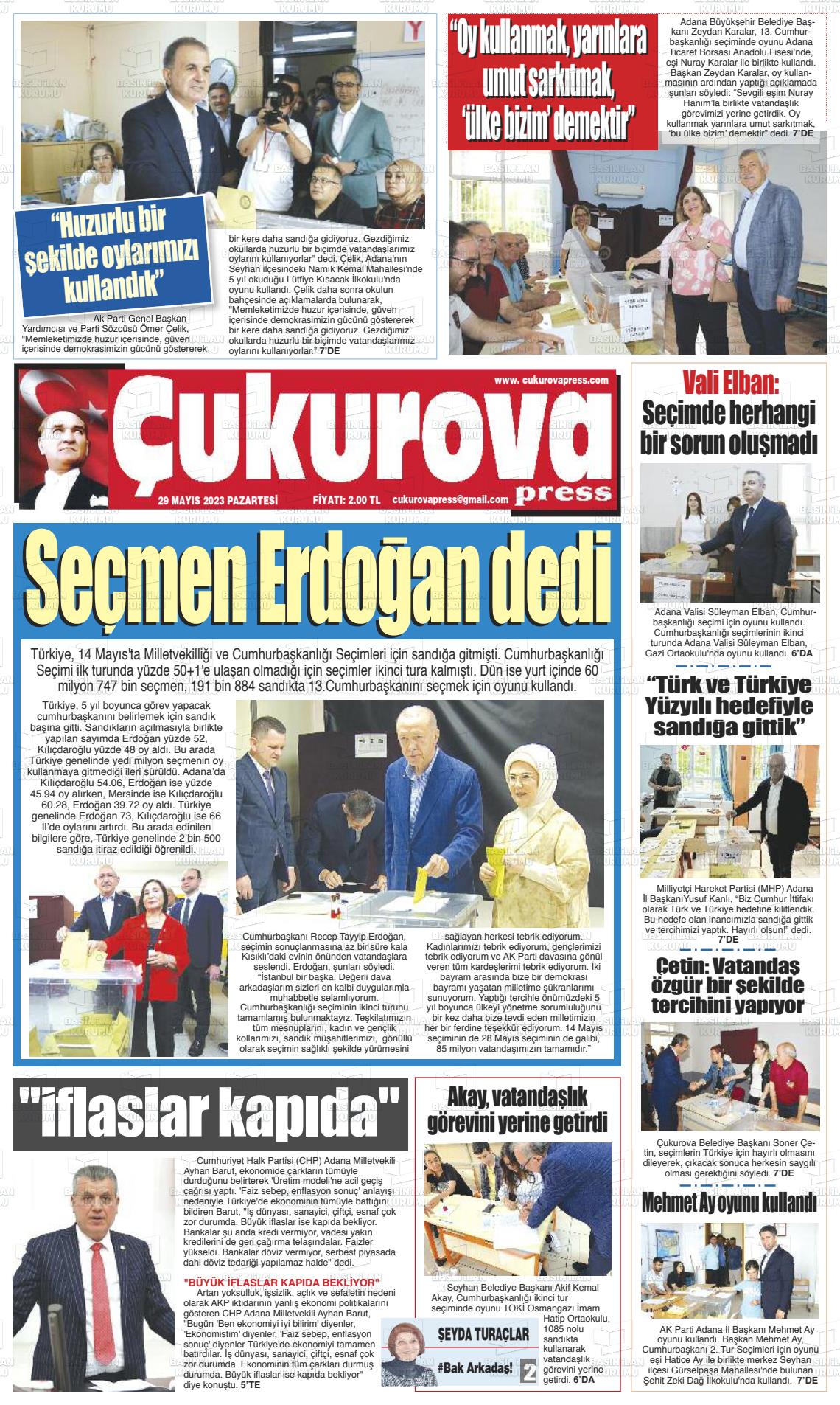 29 Mayıs 2023 Çukurova Press Gazete Manşeti