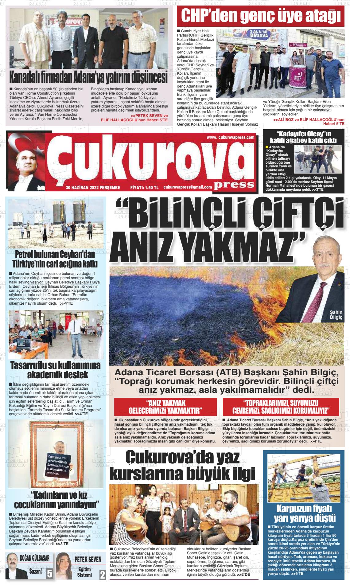 01 Temmuz 2022 Çukurova Press Gazete Manşeti