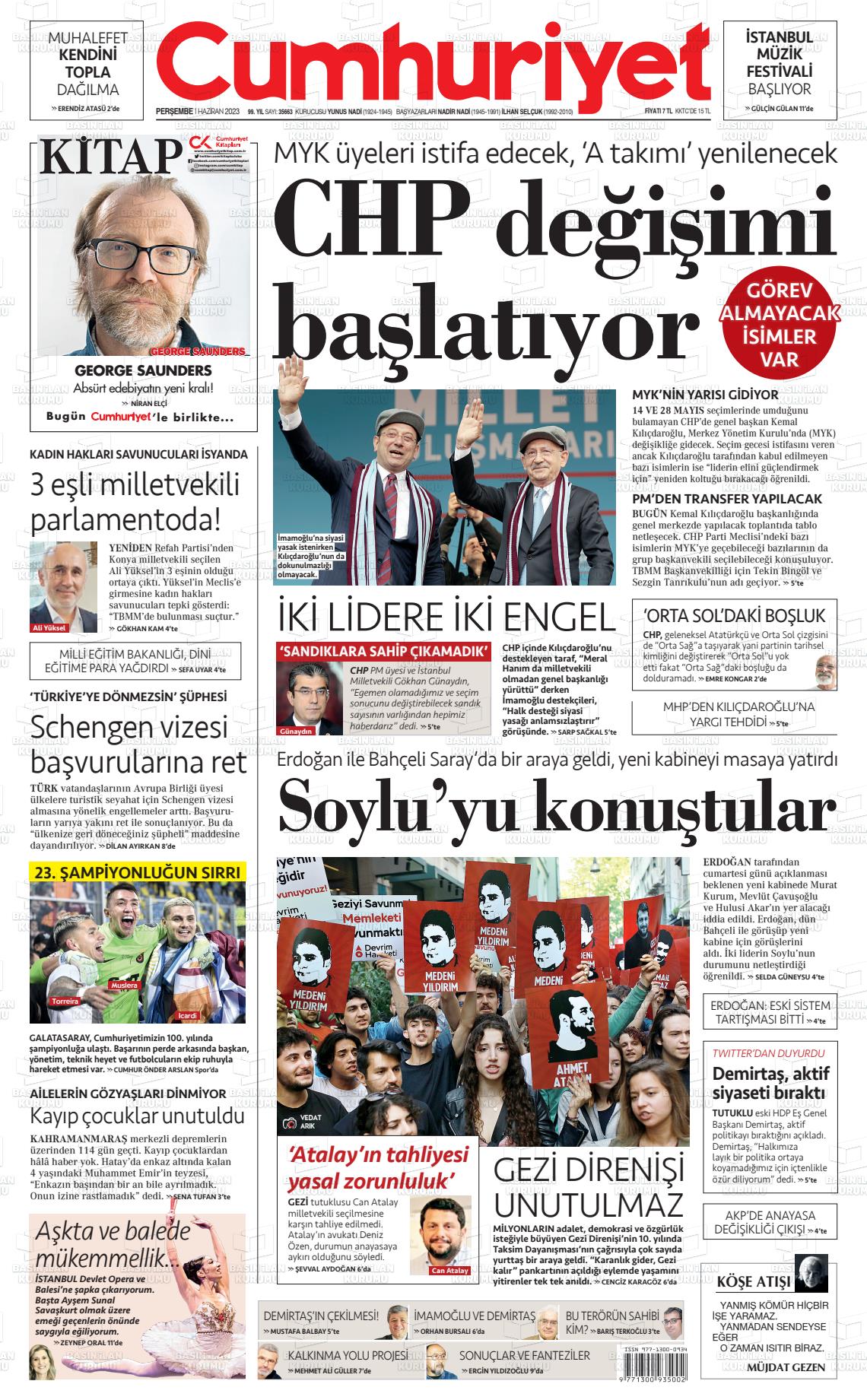 01 Haziran 2023 Cumhuriyet Gazete Manşeti