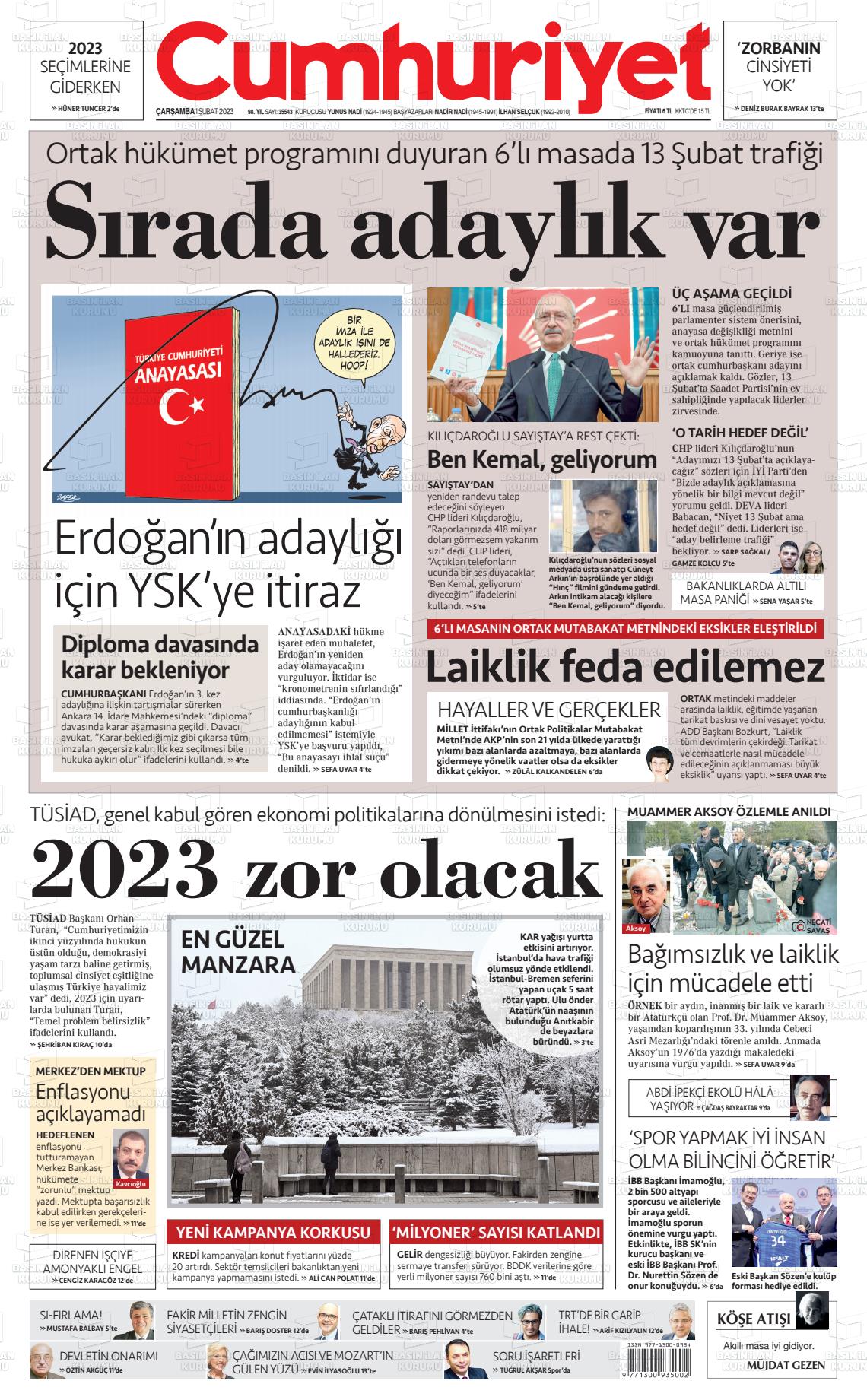 01 Şubat 2023 Cumhuriyet Gazete Manşeti