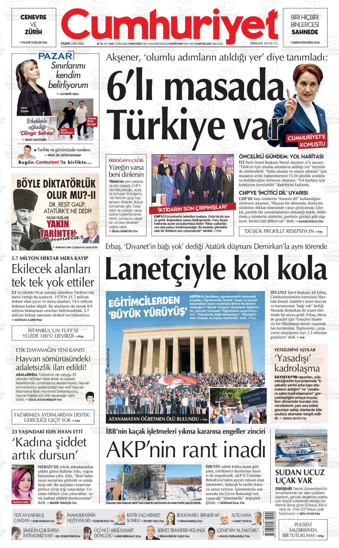 02 Ekim 2022 Cumhuriyet Gazete Manşeti