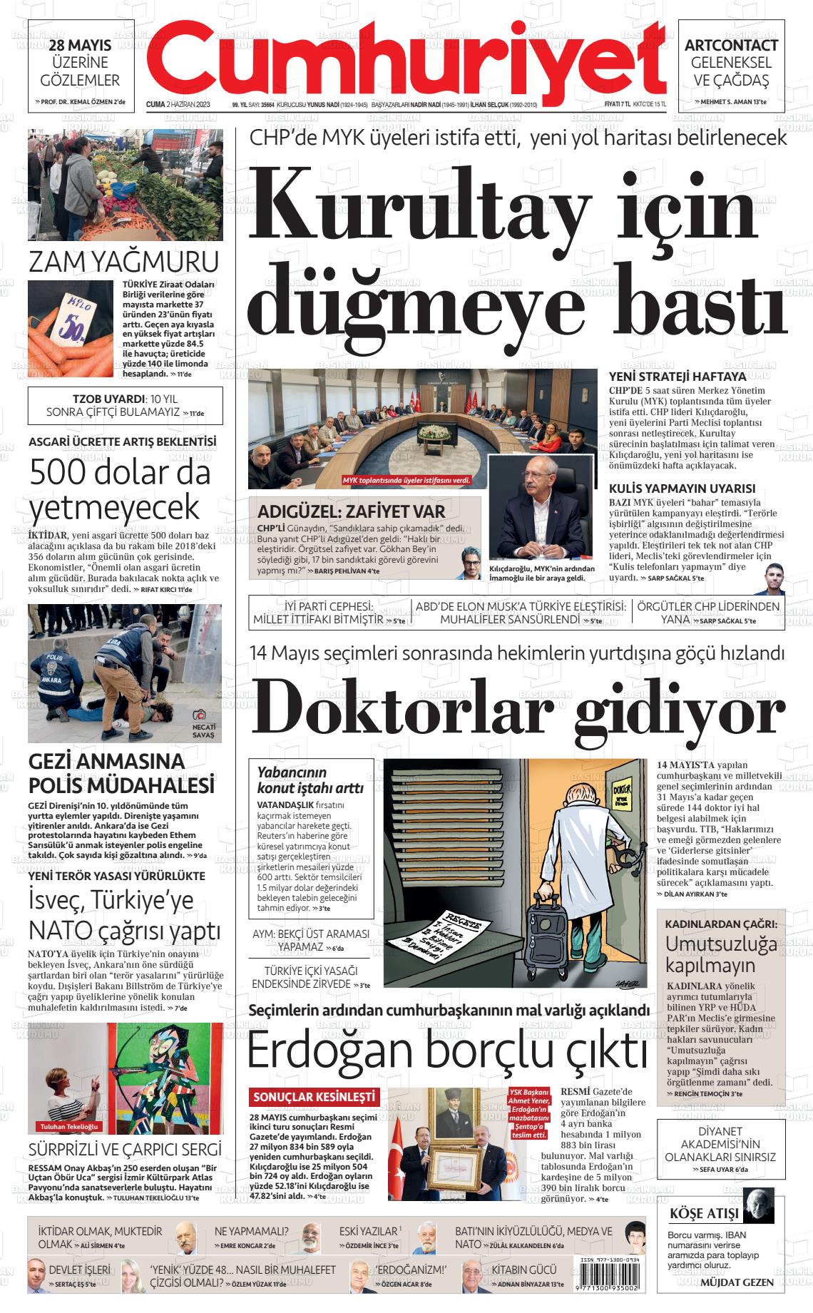 02 Haziran 2023 Cumhuriyet Gazete Manşeti