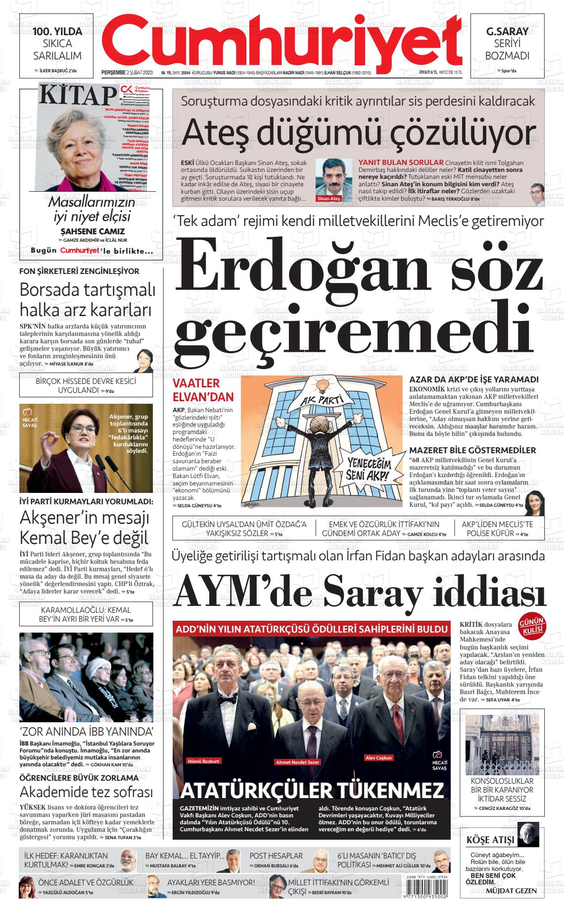 02 Şubat 2023 Cumhuriyet Gazete Manşeti