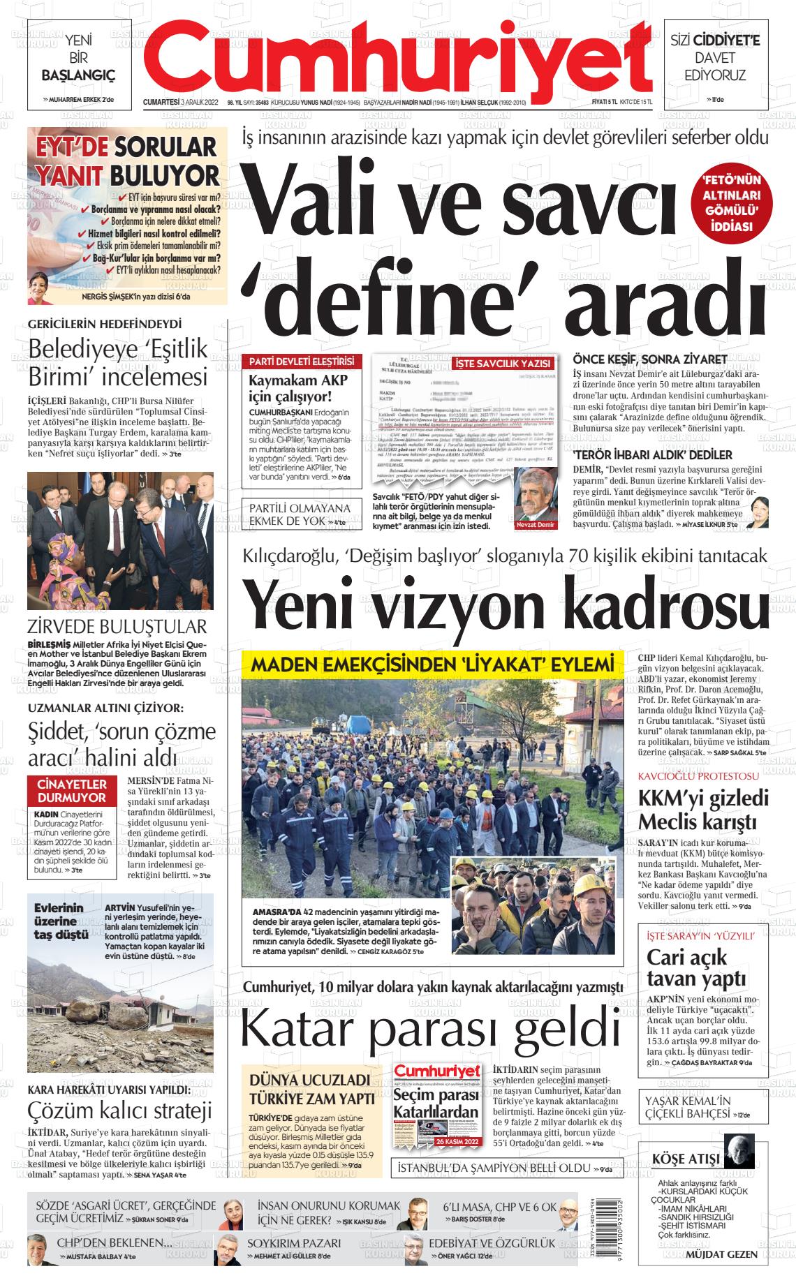 03 Aralık 2022 Cumhuriyet Gazete Manşeti