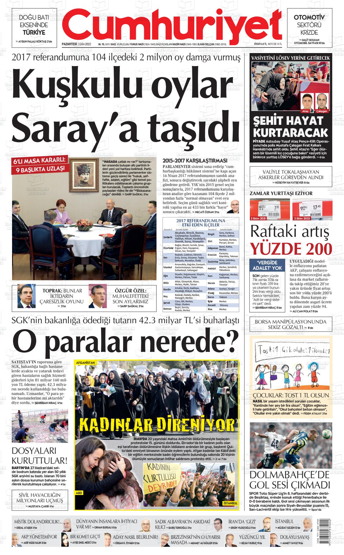 03 Ekim 2022 Cumhuriyet Gazete Manşeti
