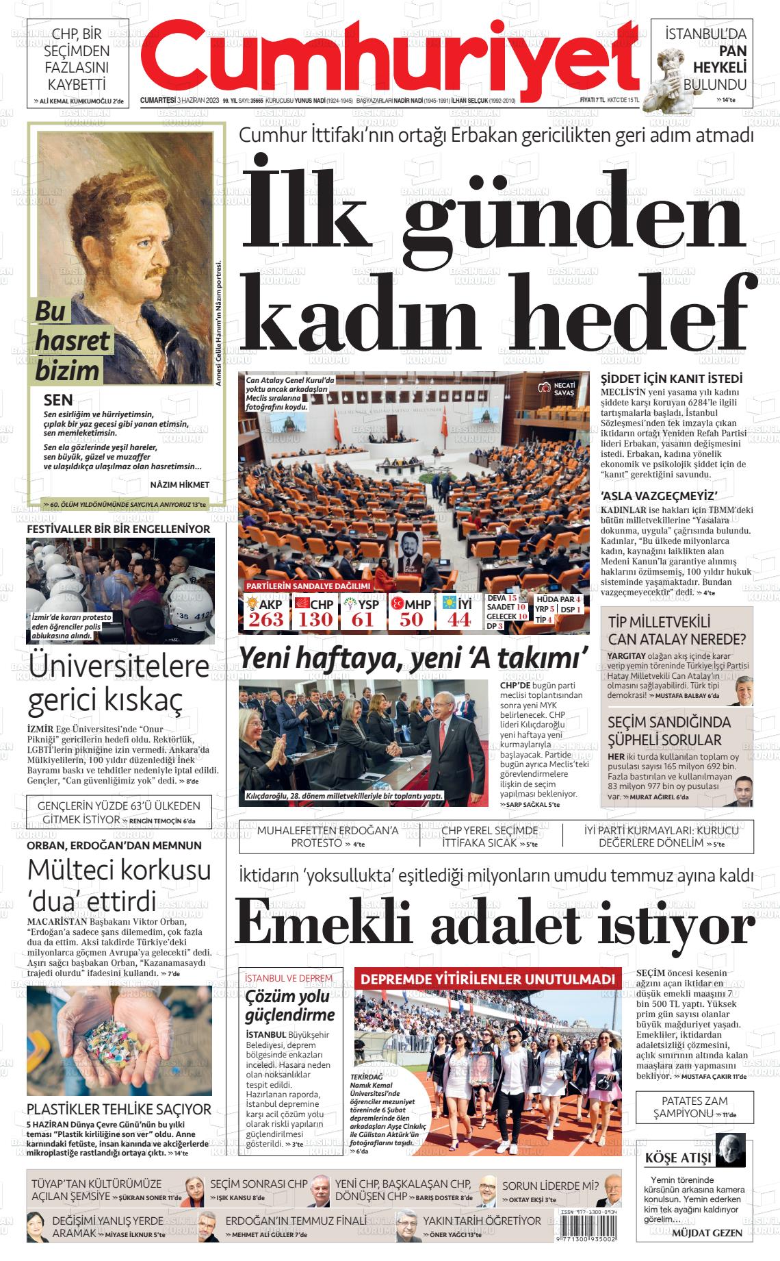 03 Haziran 2023 Cumhuriyet Gazete Manşeti