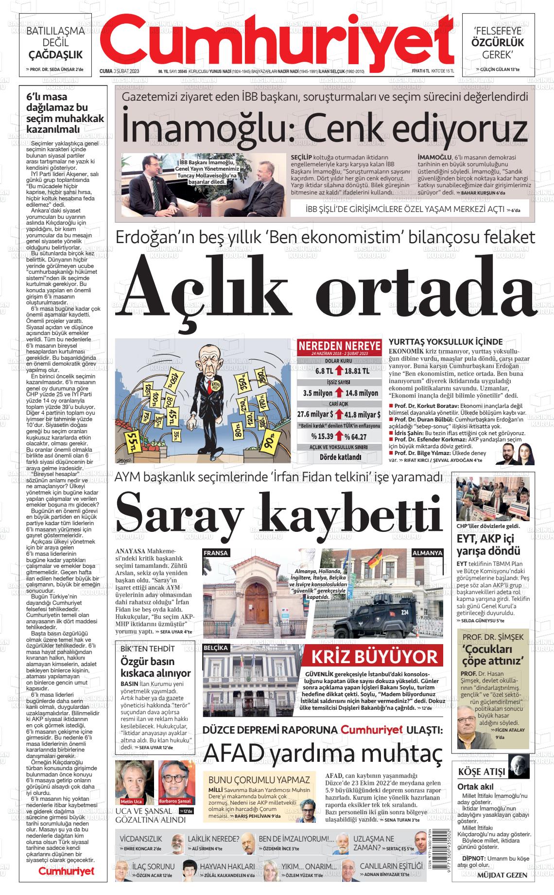 03 Şubat 2023 Cumhuriyet Gazete Manşeti