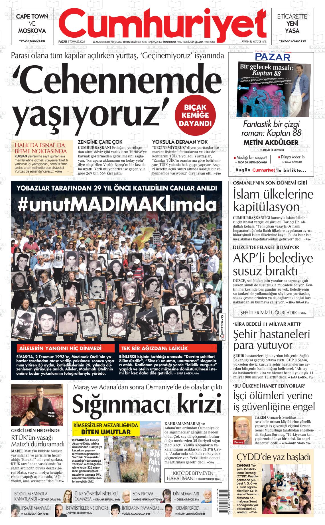 03 Temmuz 2022 Cumhuriyet Gazete Manşeti