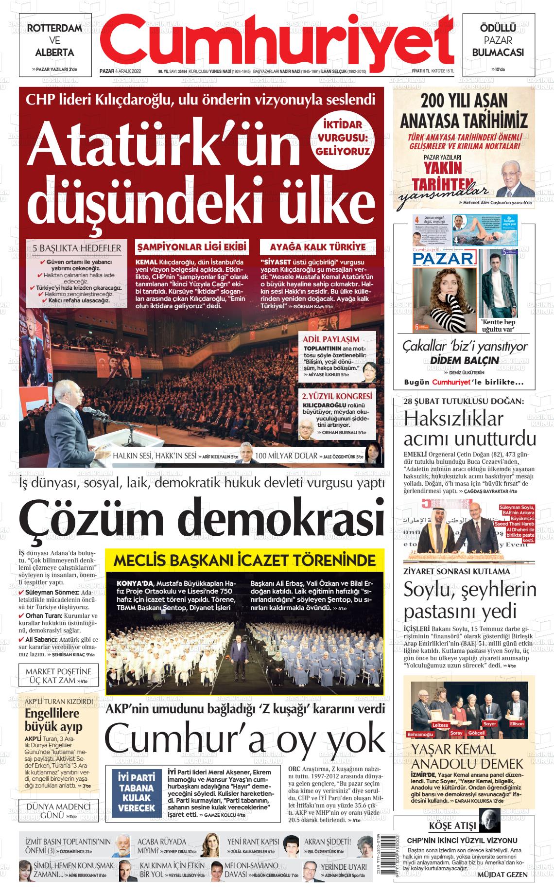 04 Aralık 2022 Cumhuriyet Gazete Manşeti