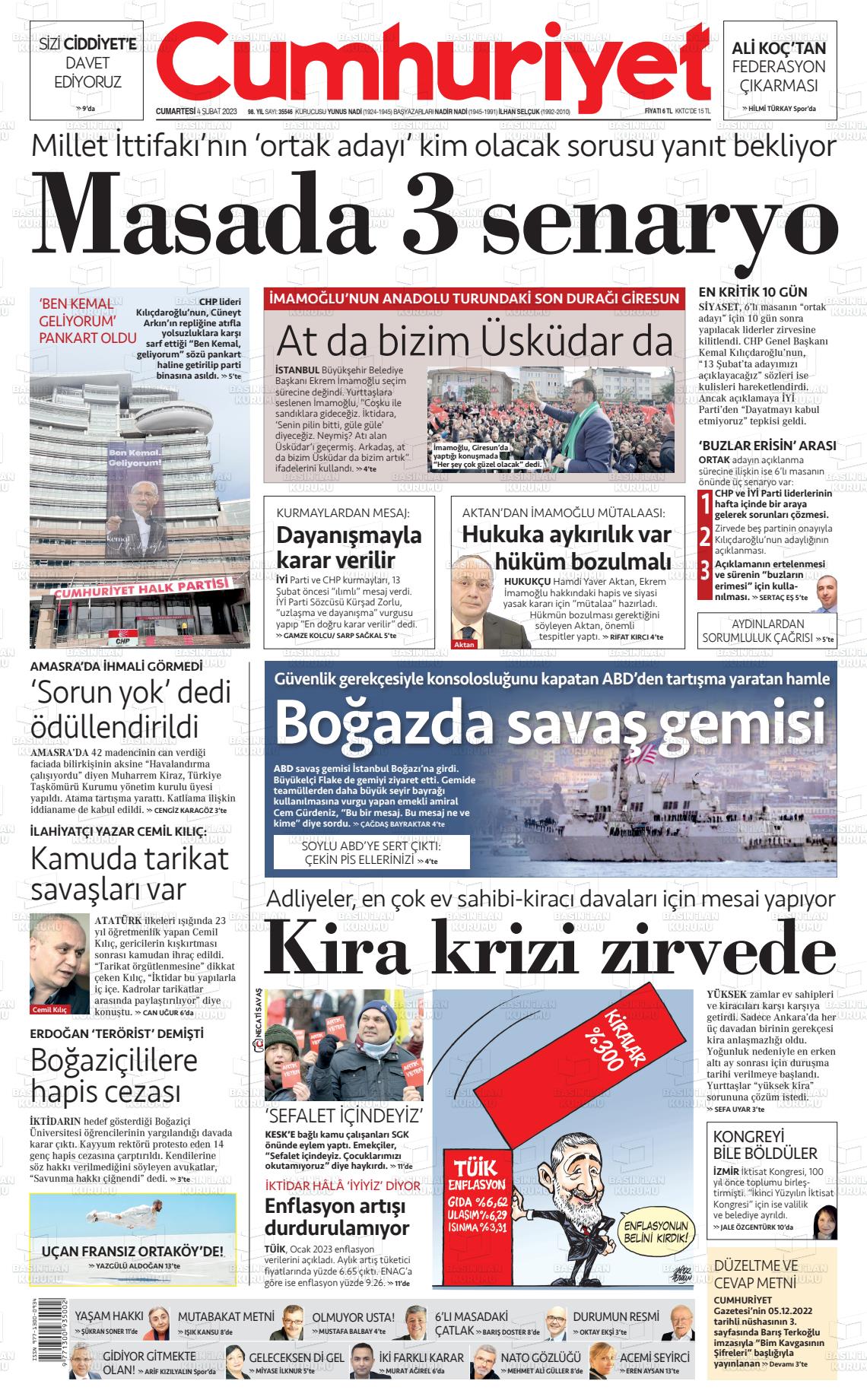 04 Şubat 2023 Cumhuriyet Gazete Manşeti