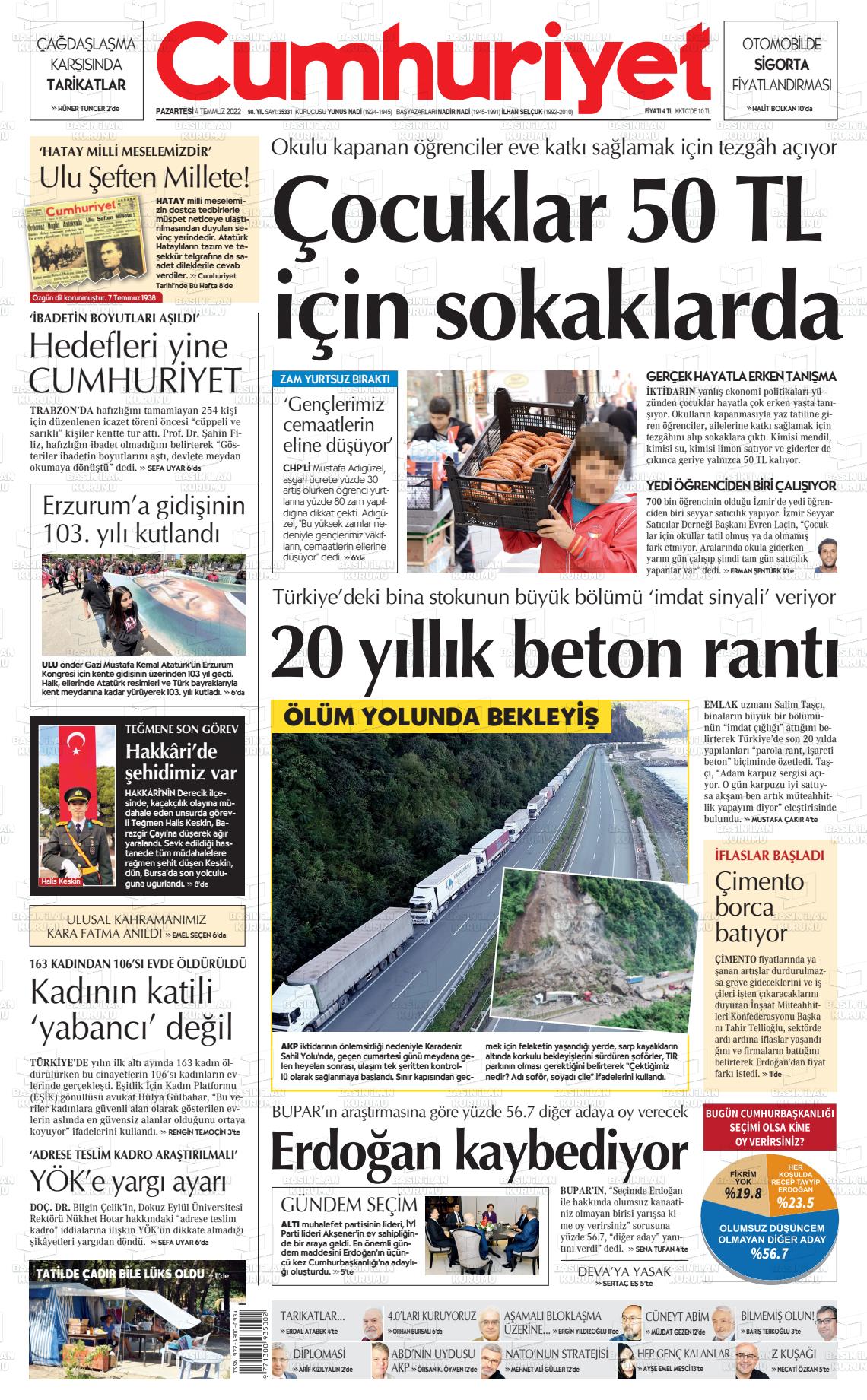 04 Temmuz 2022 Cumhuriyet Gazete Manşeti