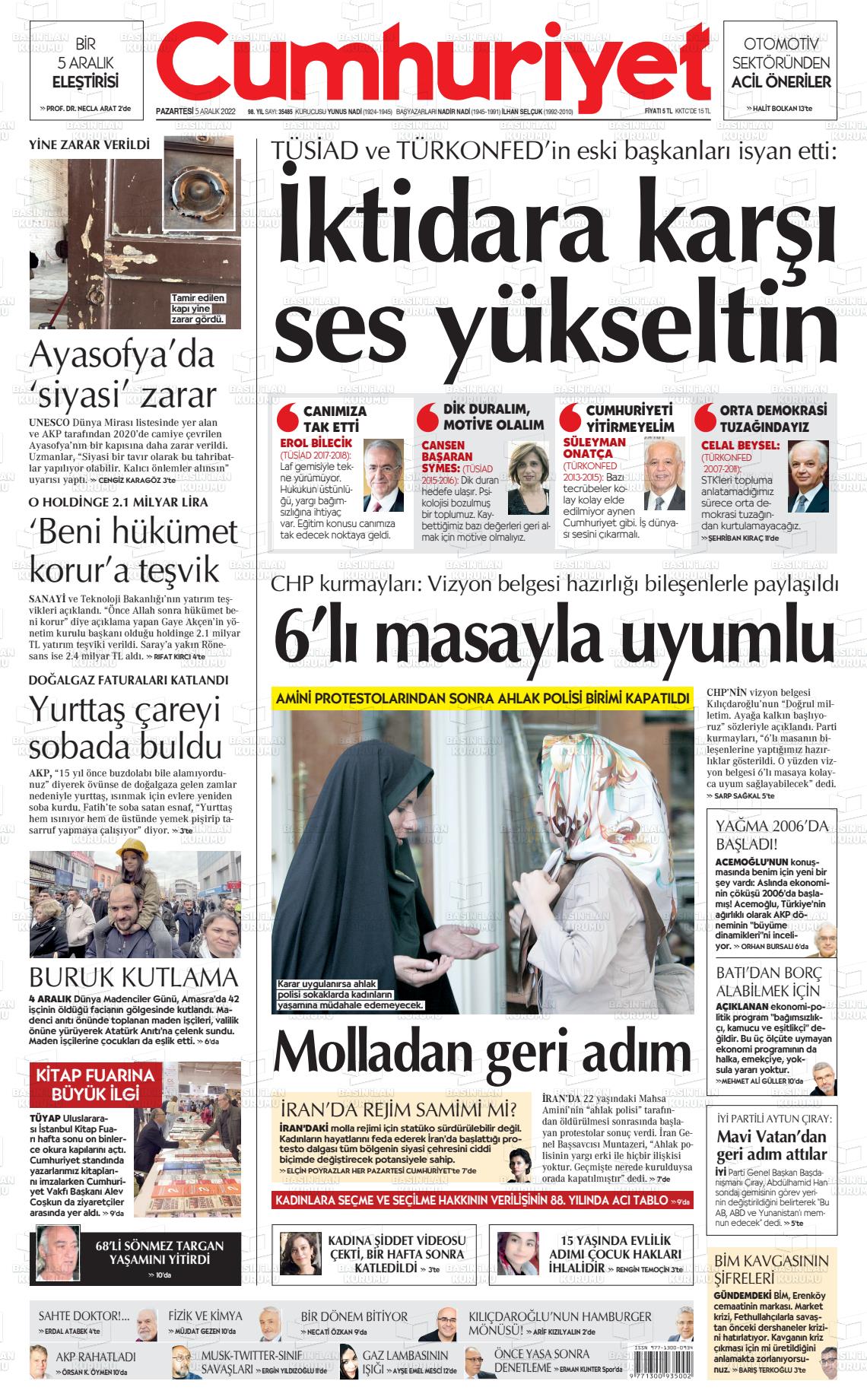 05 Aralık 2022 Cumhuriyet Gazete Manşeti