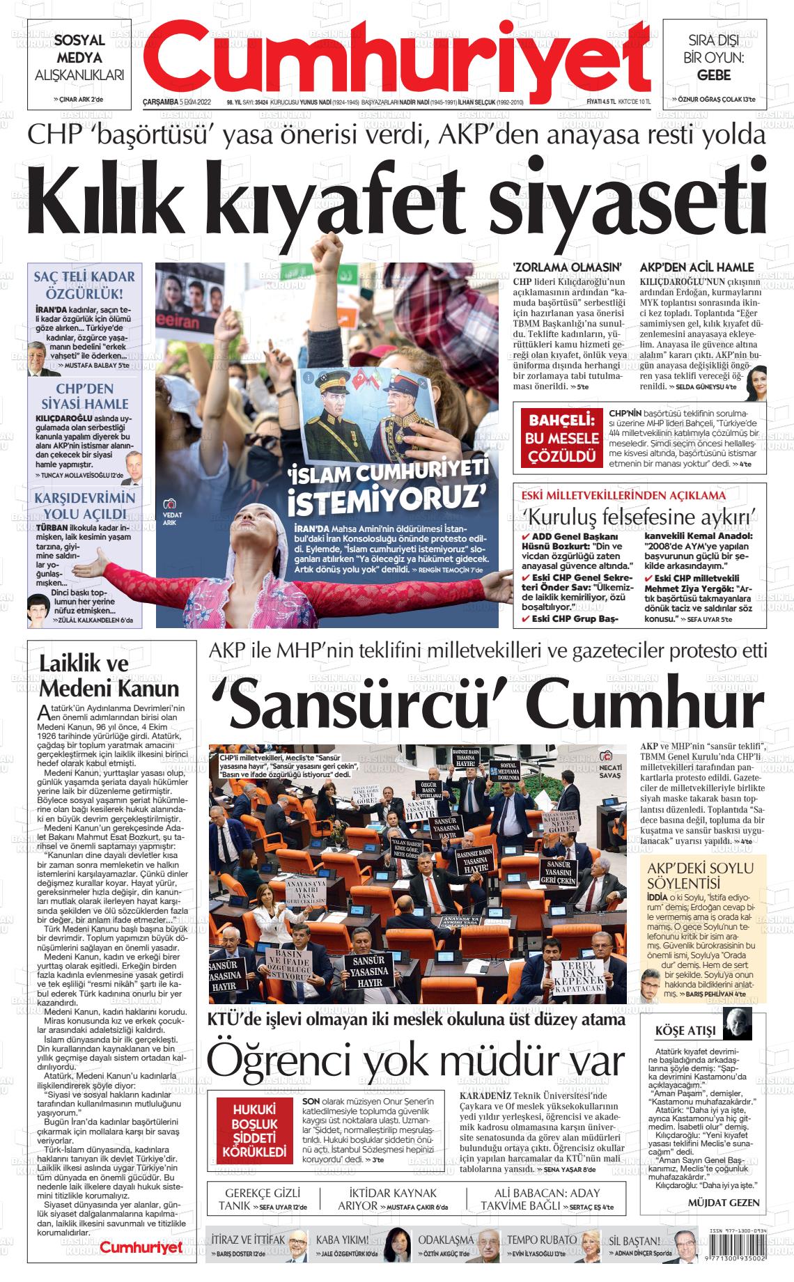 05 Ekim 2022 Cumhuriyet Gazete Manşeti