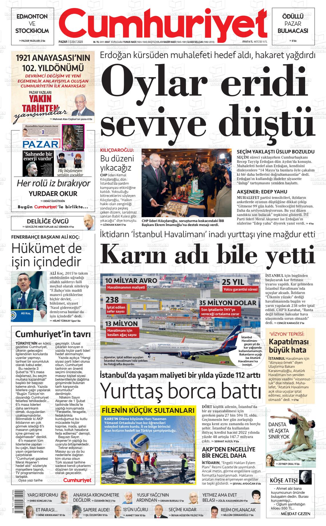 05 Şubat 2023 Cumhuriyet Gazete Manşeti